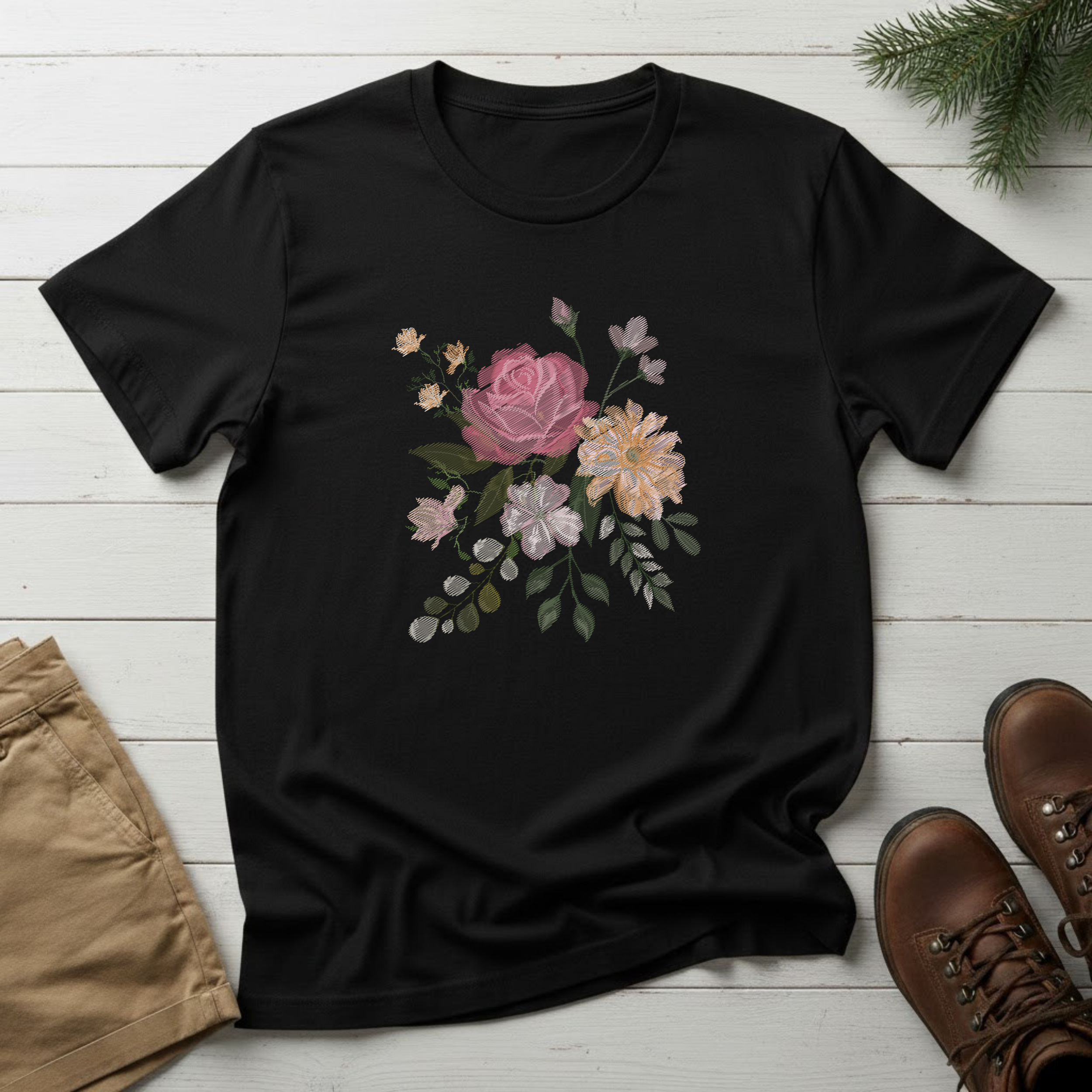 Floral Watercolor Bouquet T-Shirt — Soft Vintage Rose Graphic Tee