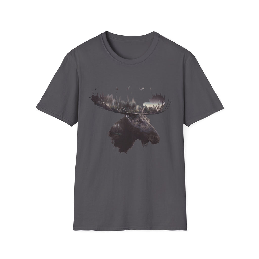 Moose Silhouette T-Shirt — Forest Double-Exposure Wildlife Tee
