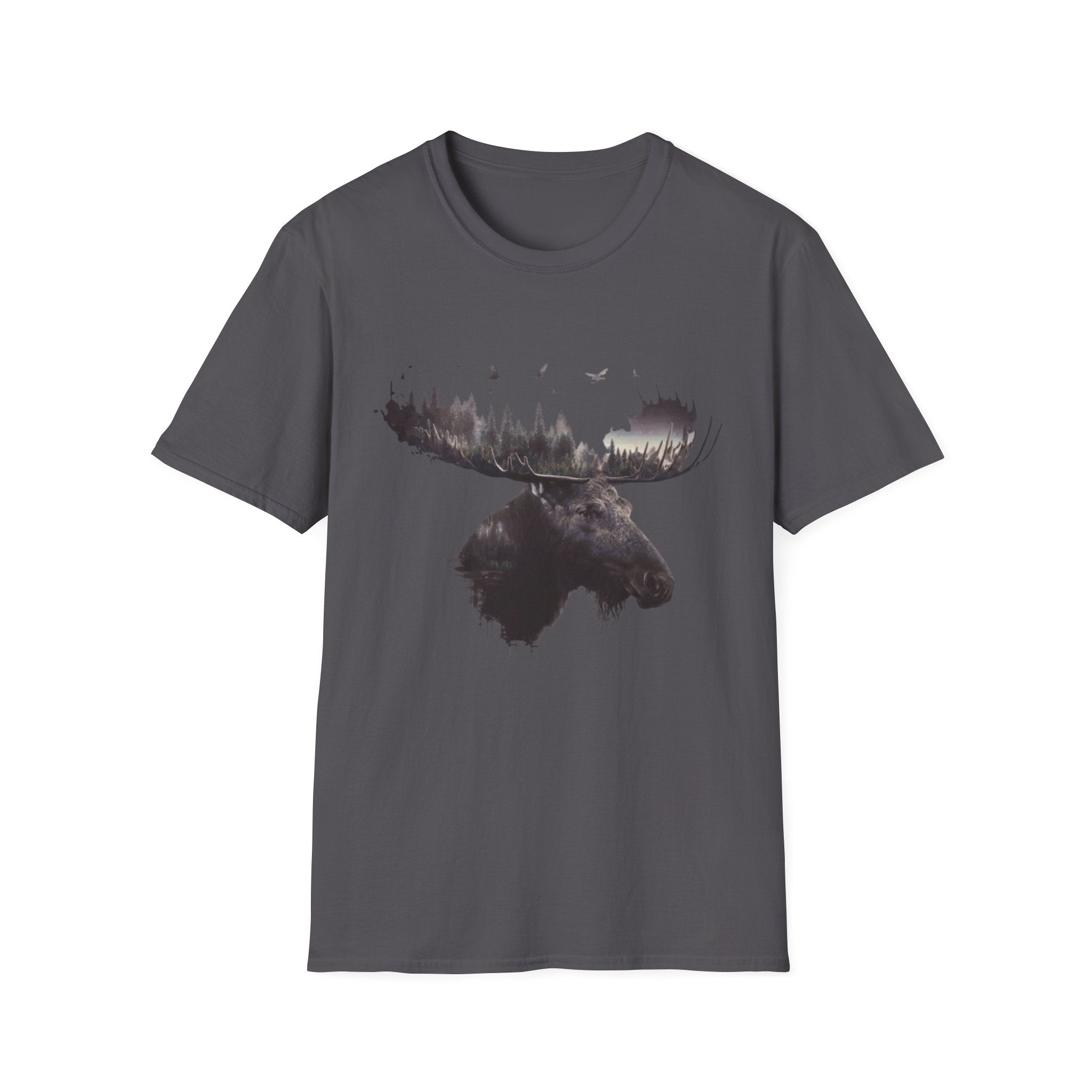 Moose Silhouette T-Shirt — Forest Double-Exposure Wildlife Tee
