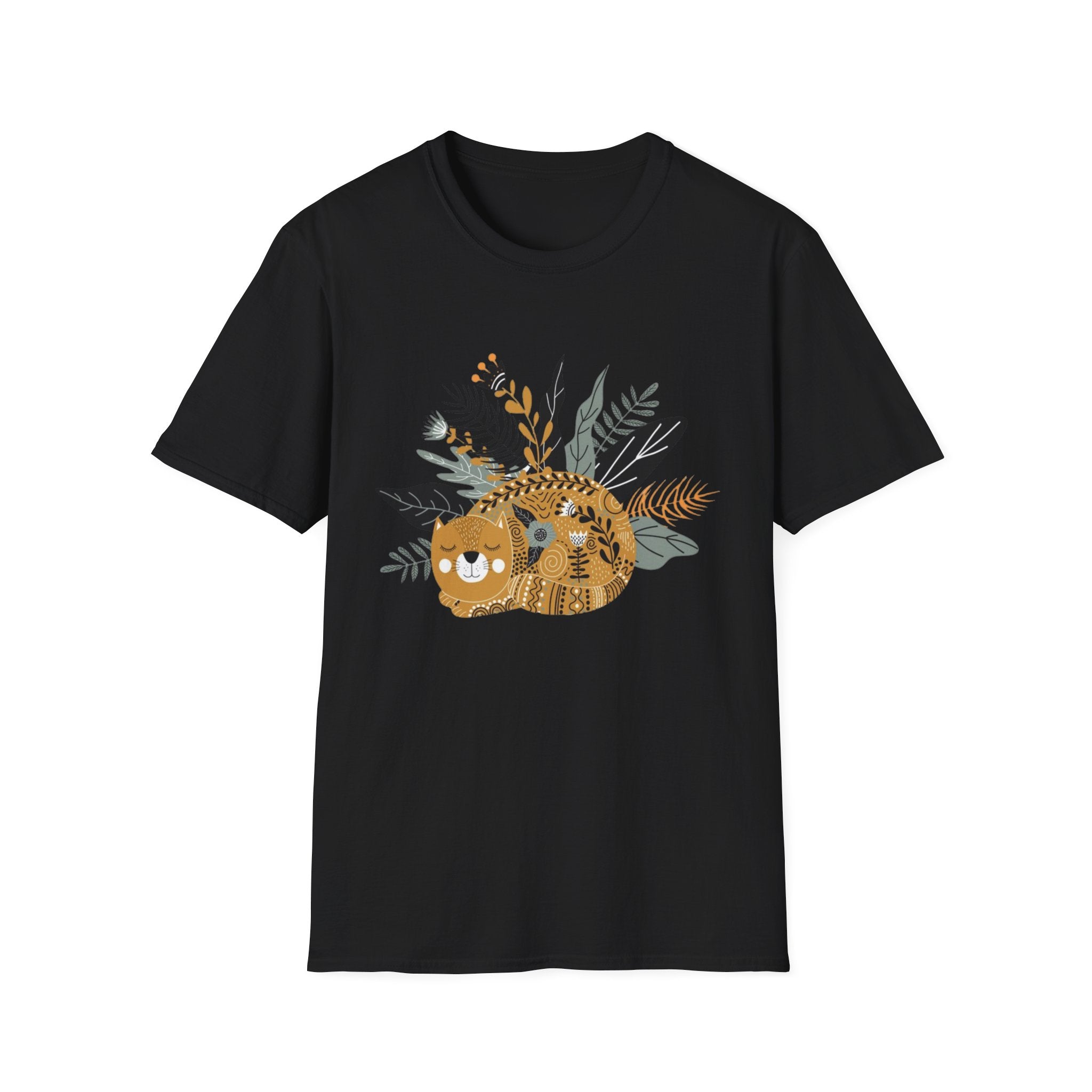 Cat Floral Tee — Cozy Patterned Cat with Botanical Leaves T-Shirt