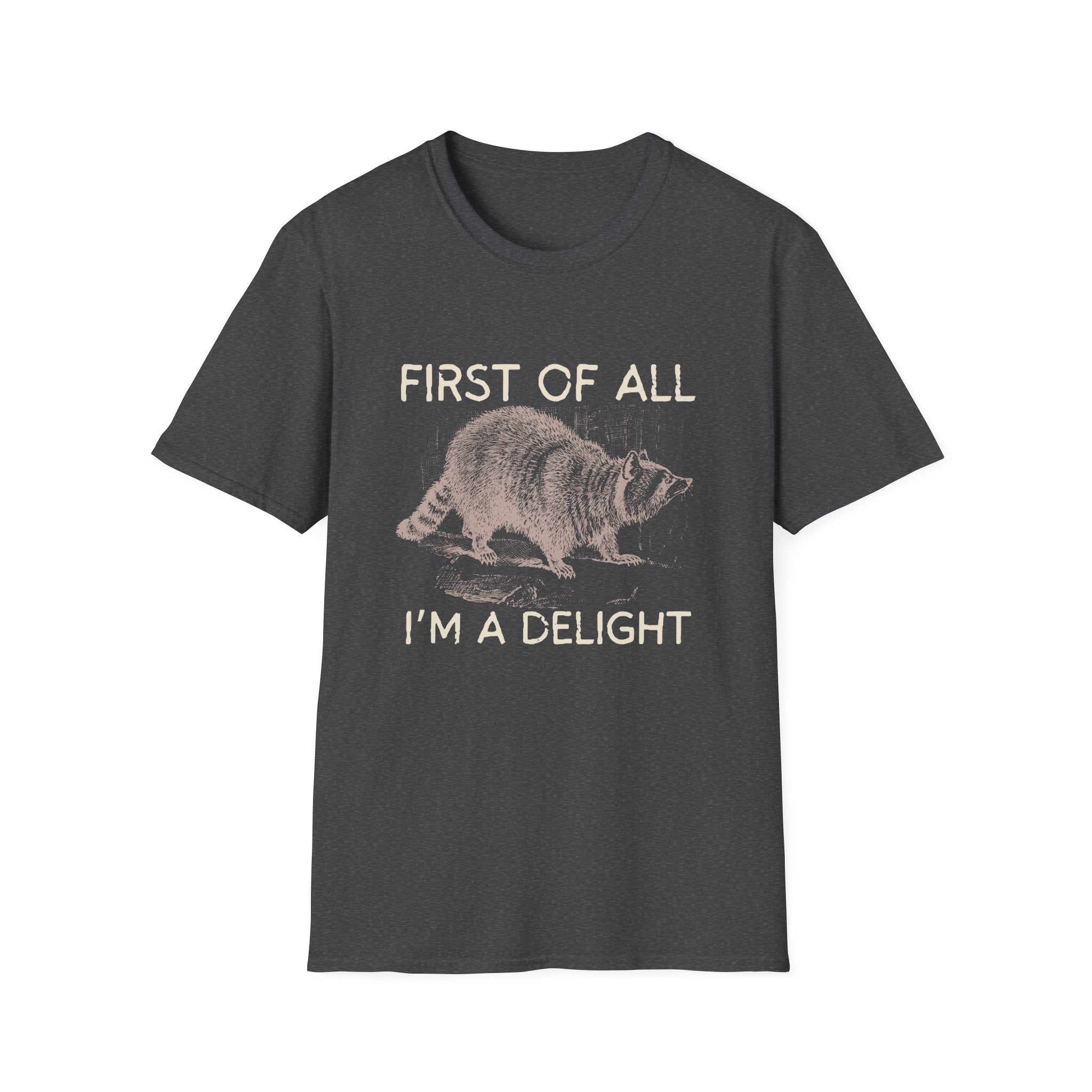 T-Shirt — “First Of All I’m A Delight” Raccoon Vintage Graphic Tee