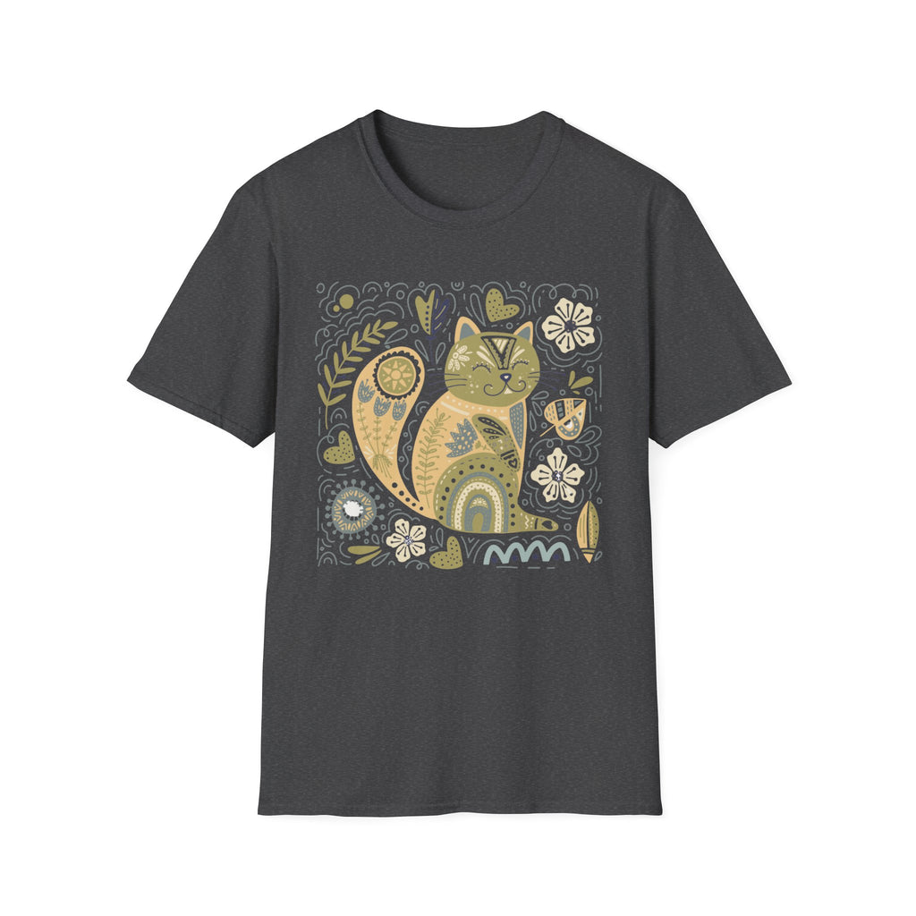 Folk Art Cat T-Shirt — Whimsical Floral Kitty Tee