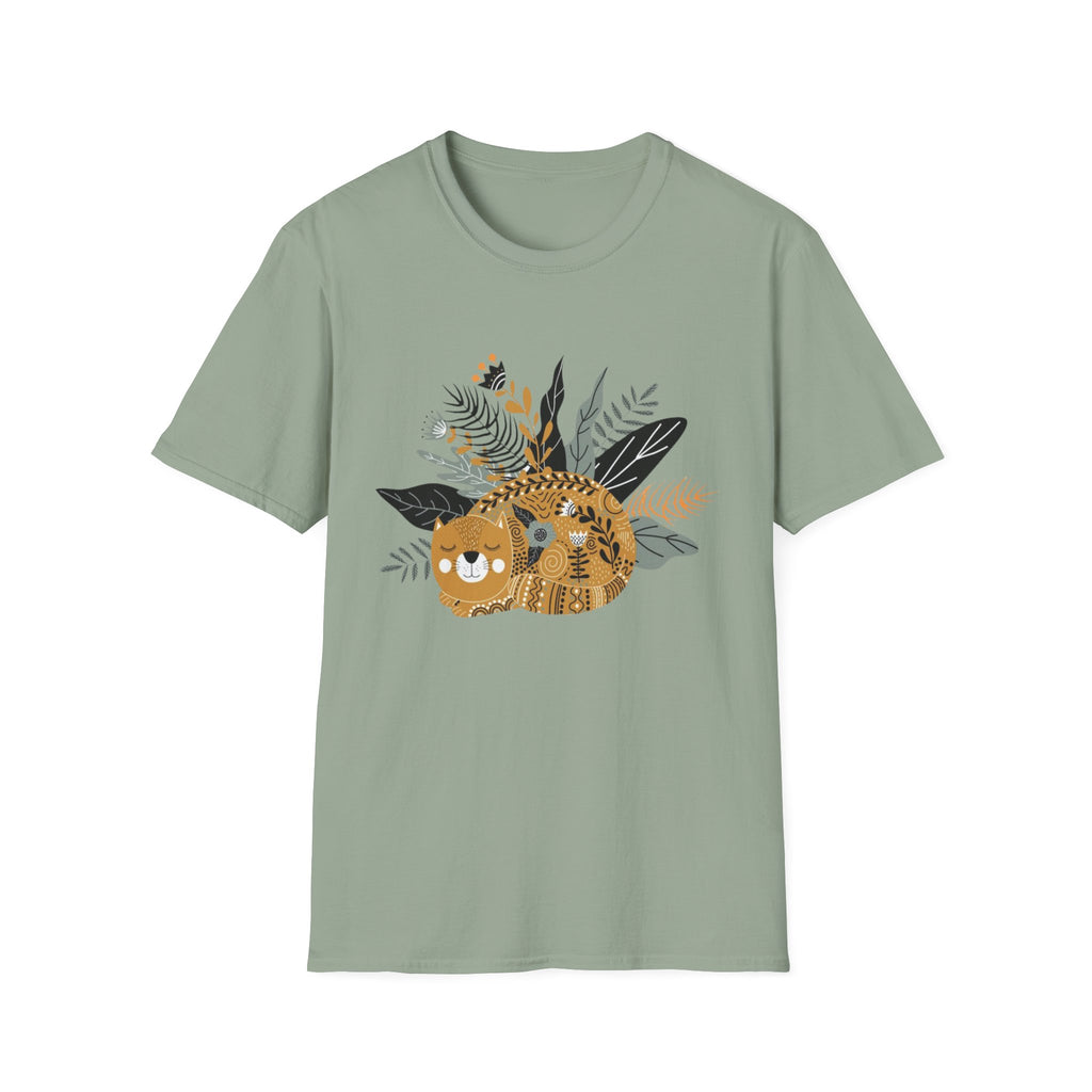 Cat Floral Tee — Cozy Patterned Cat with Botanical Leaves T-Shirt