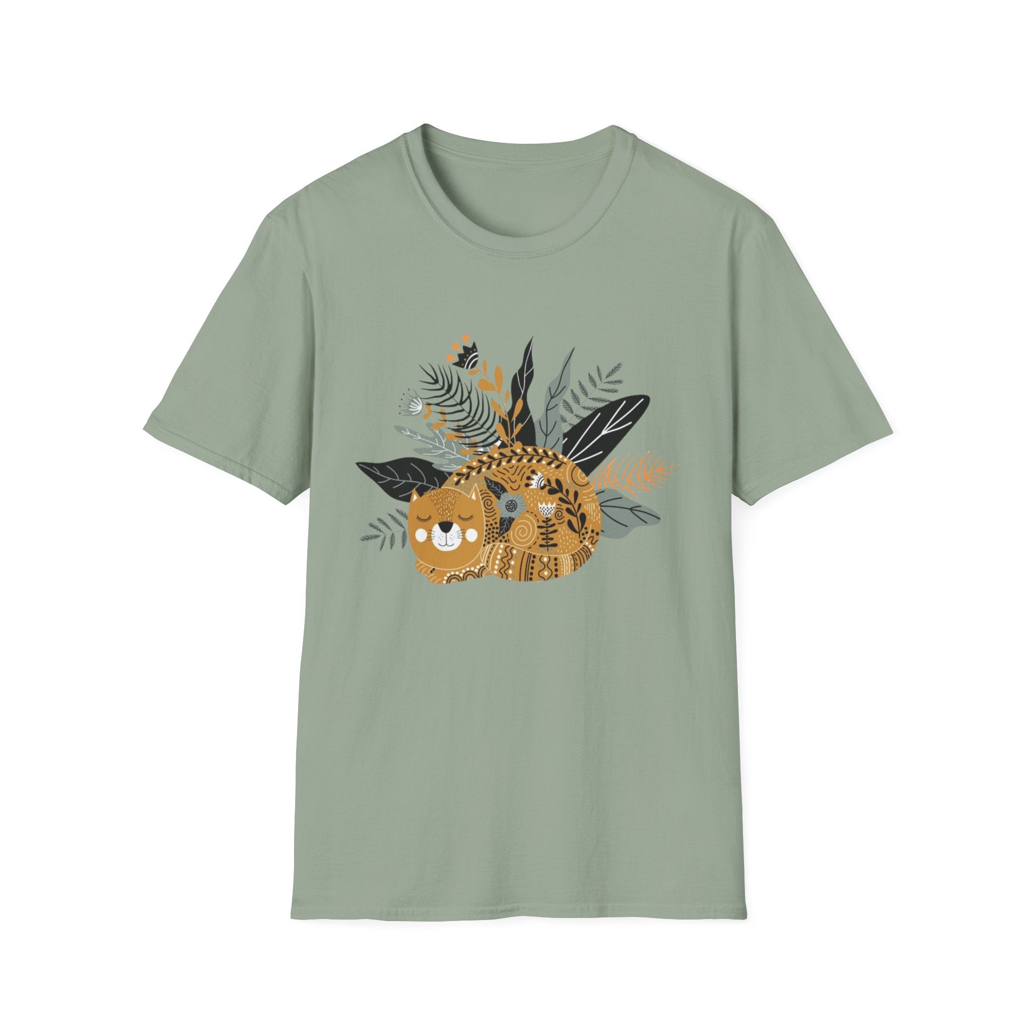 Cat Floral Tee — Cozy Patterned Cat with Botanical Leaves T-Shirt