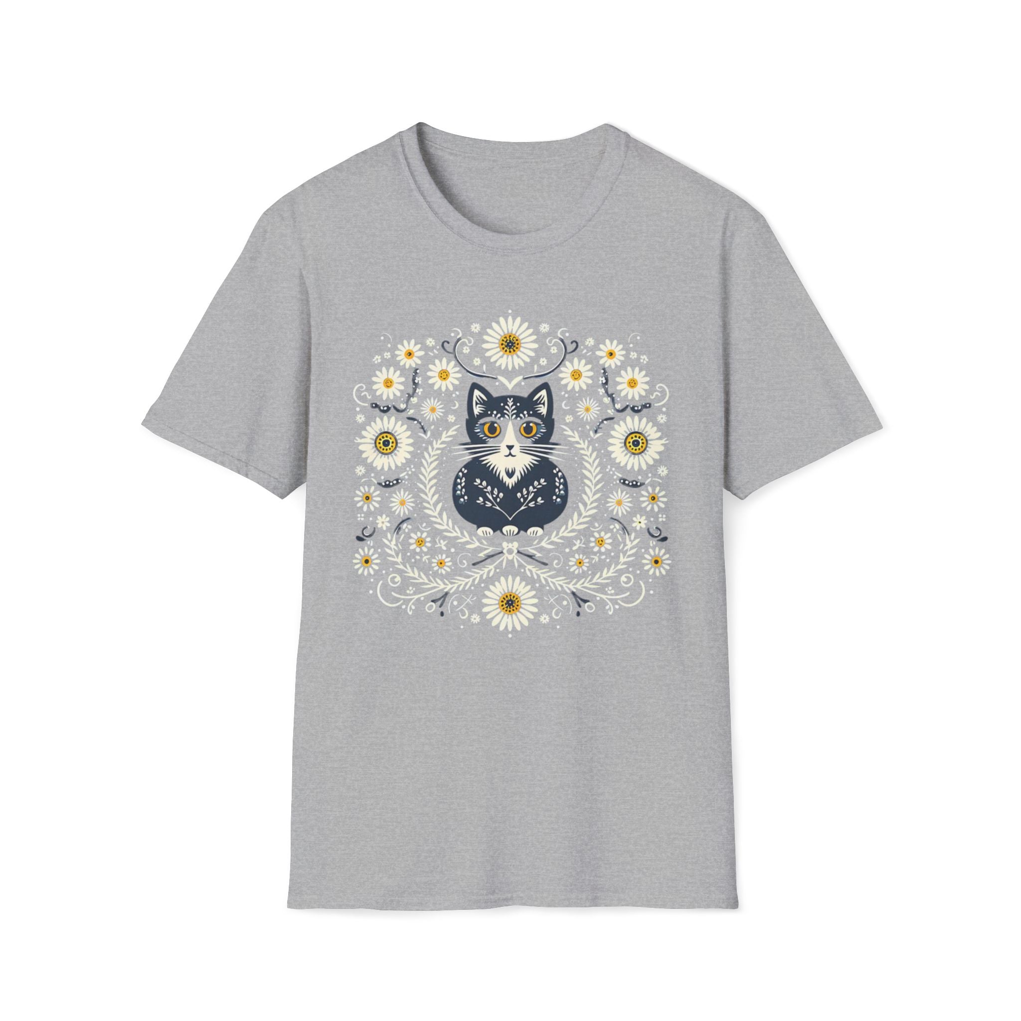 Cat Floral T-Shirt — Folk Art Kitty with Daisies