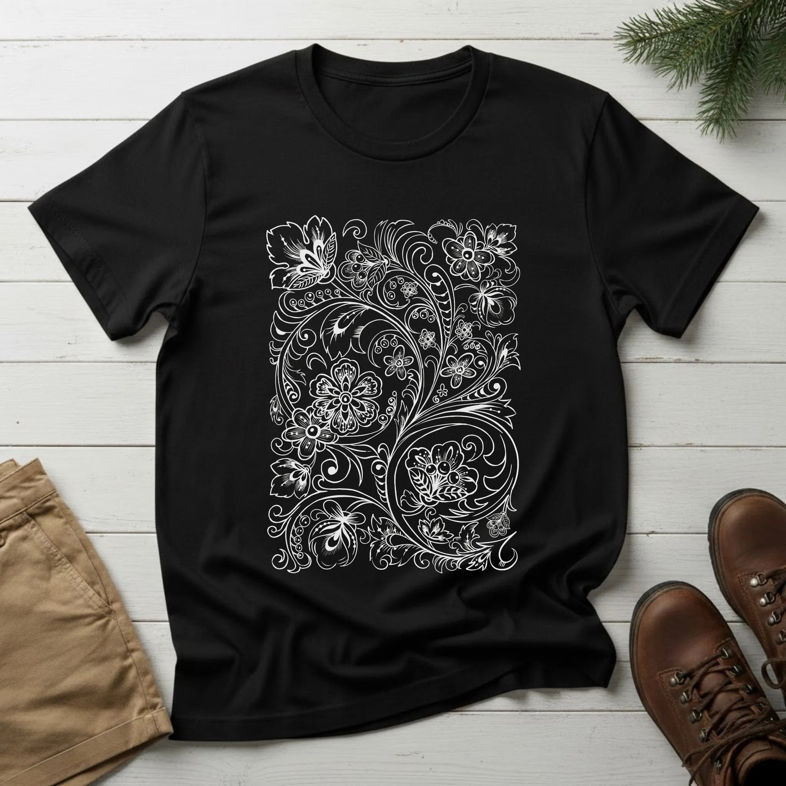 Floral Vine Filigree T-Shirt — Elegant Monochrome Botanical Tee