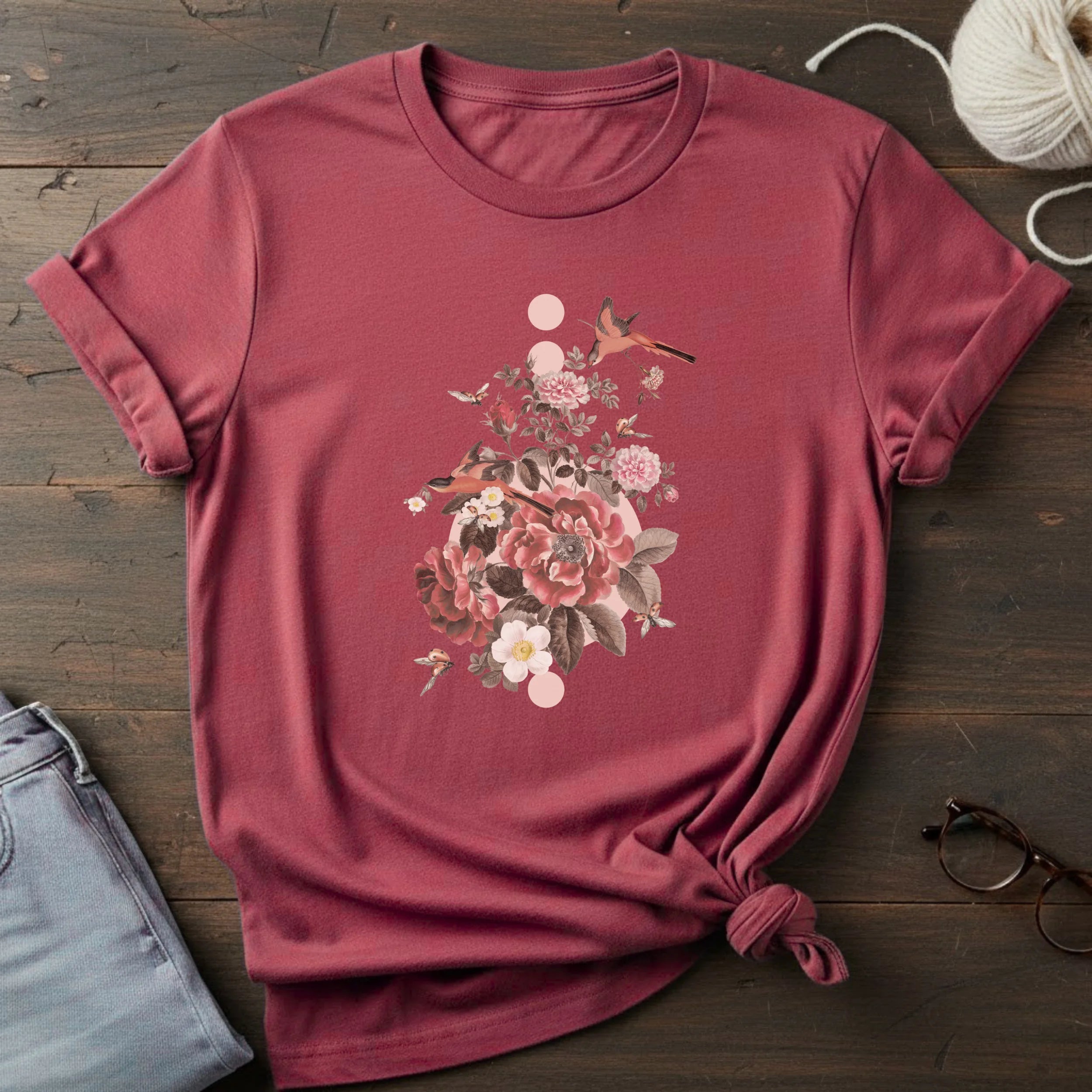 Floral Bird Bouquet T-Shirt — Vintage Rose Garden Tee