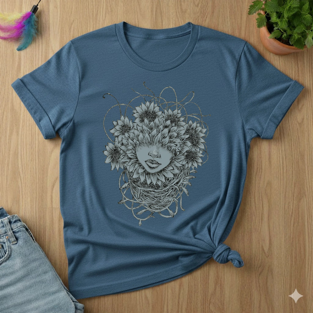 Floral Face Art T-Shirt — Botanical Woman Graphic Tee
