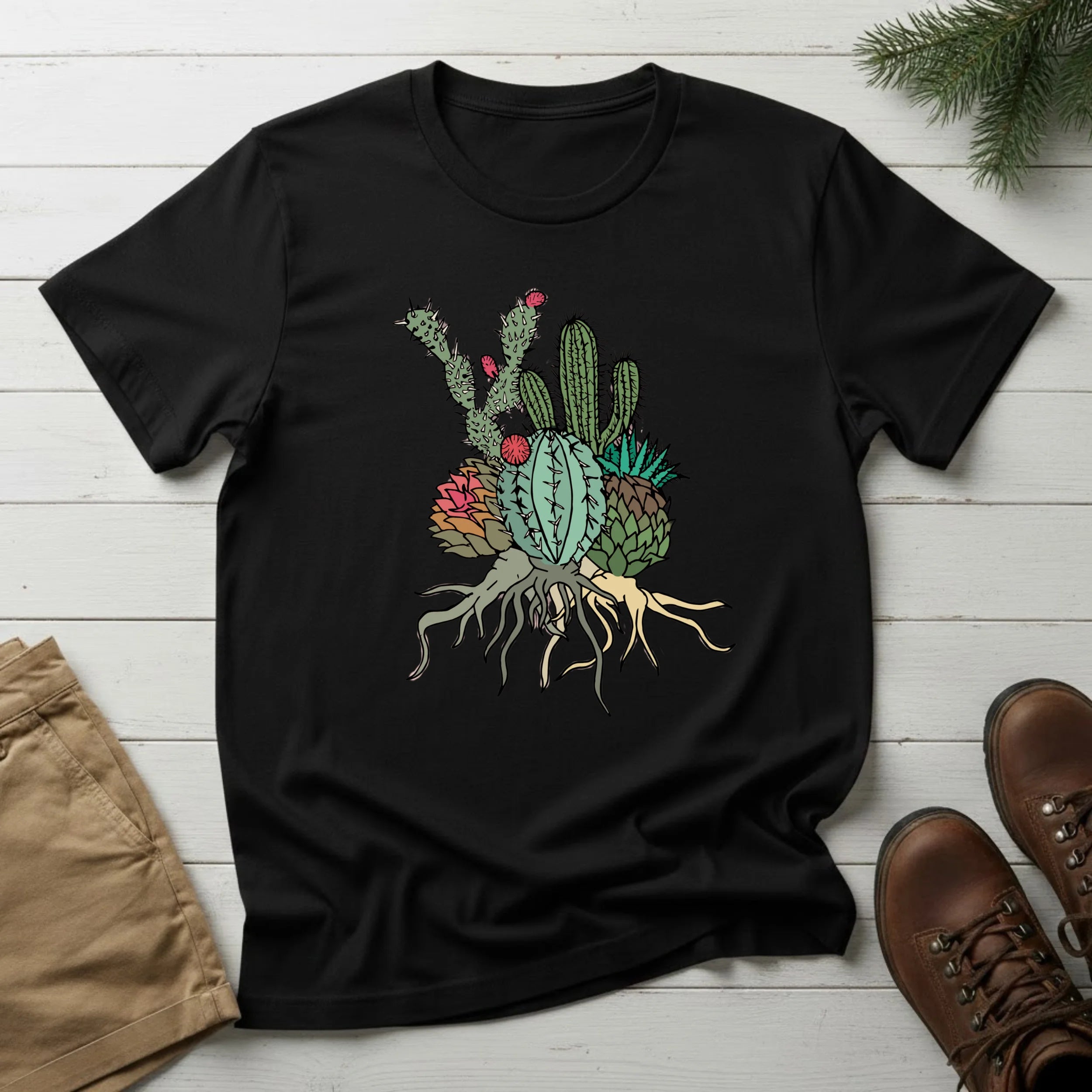 Cactus Cluster T‑Shirt — Botanical Succulent Illustration Tee