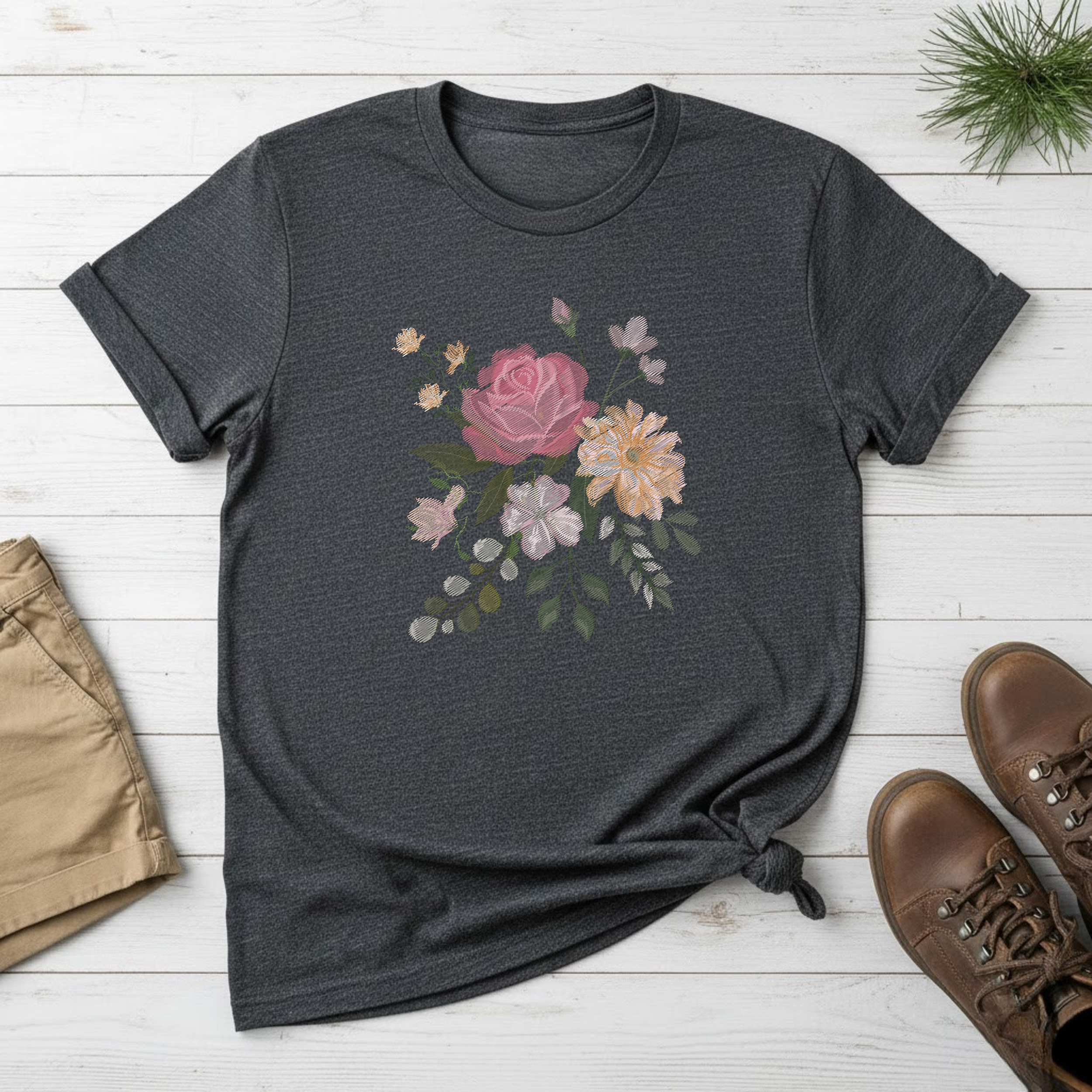 Floral Watercolor Bouquet T-Shirt — Soft Vintage Rose Graphic Tee
