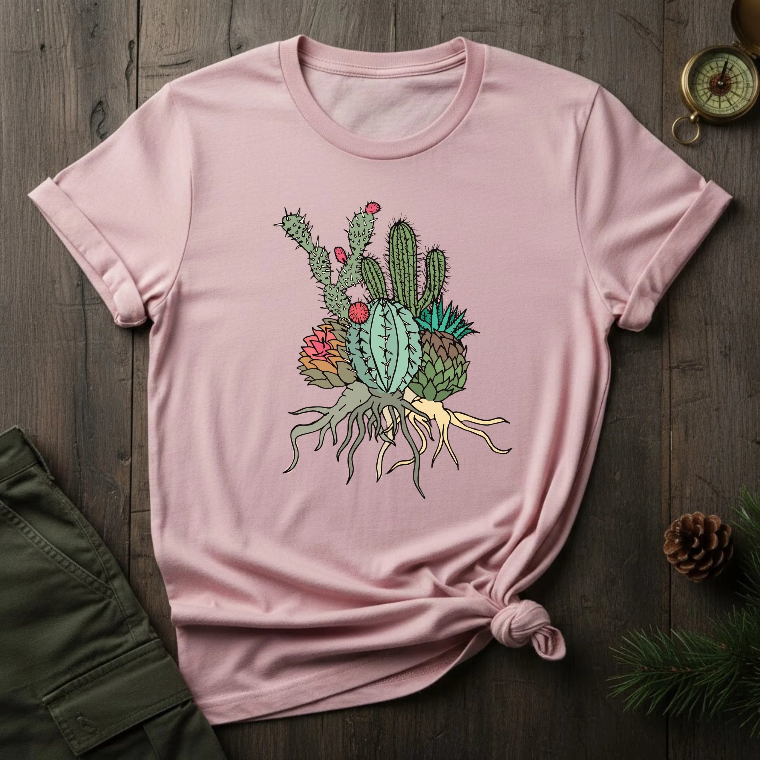 Cactus Cluster T‑Shirt — Botanical Succulent Illustration Tee