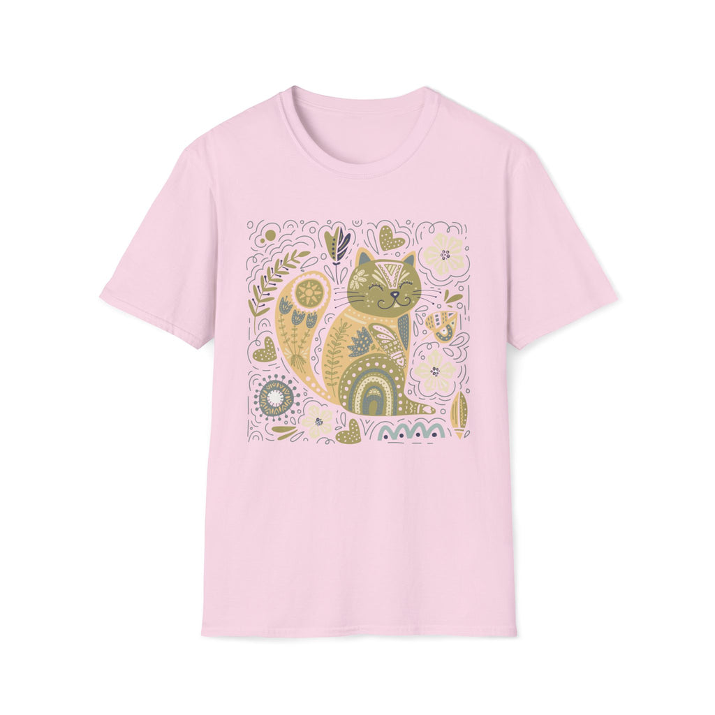 Folk Art Cat T-Shirt — Whimsical Floral Kitty Tee