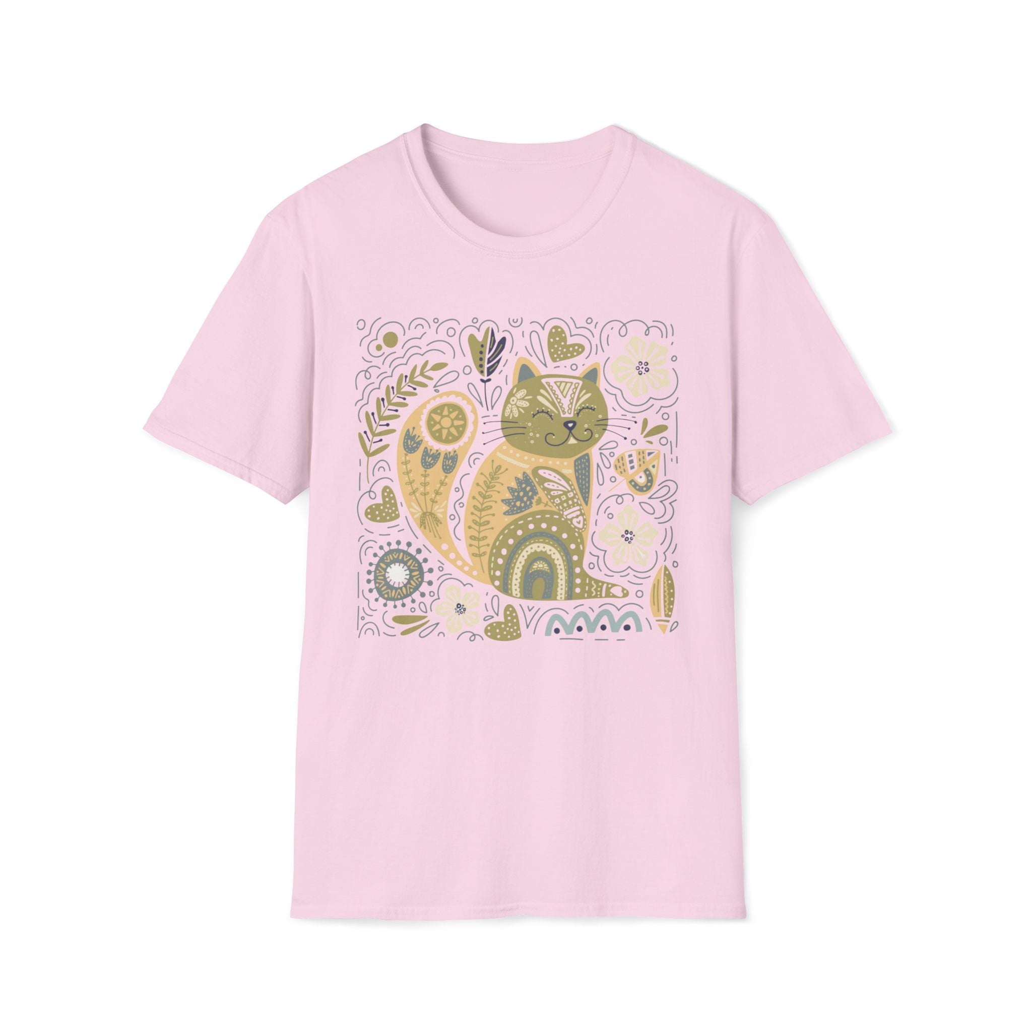 Folk Art Cat T-Shirt — Whimsical Floral Kitty Tee