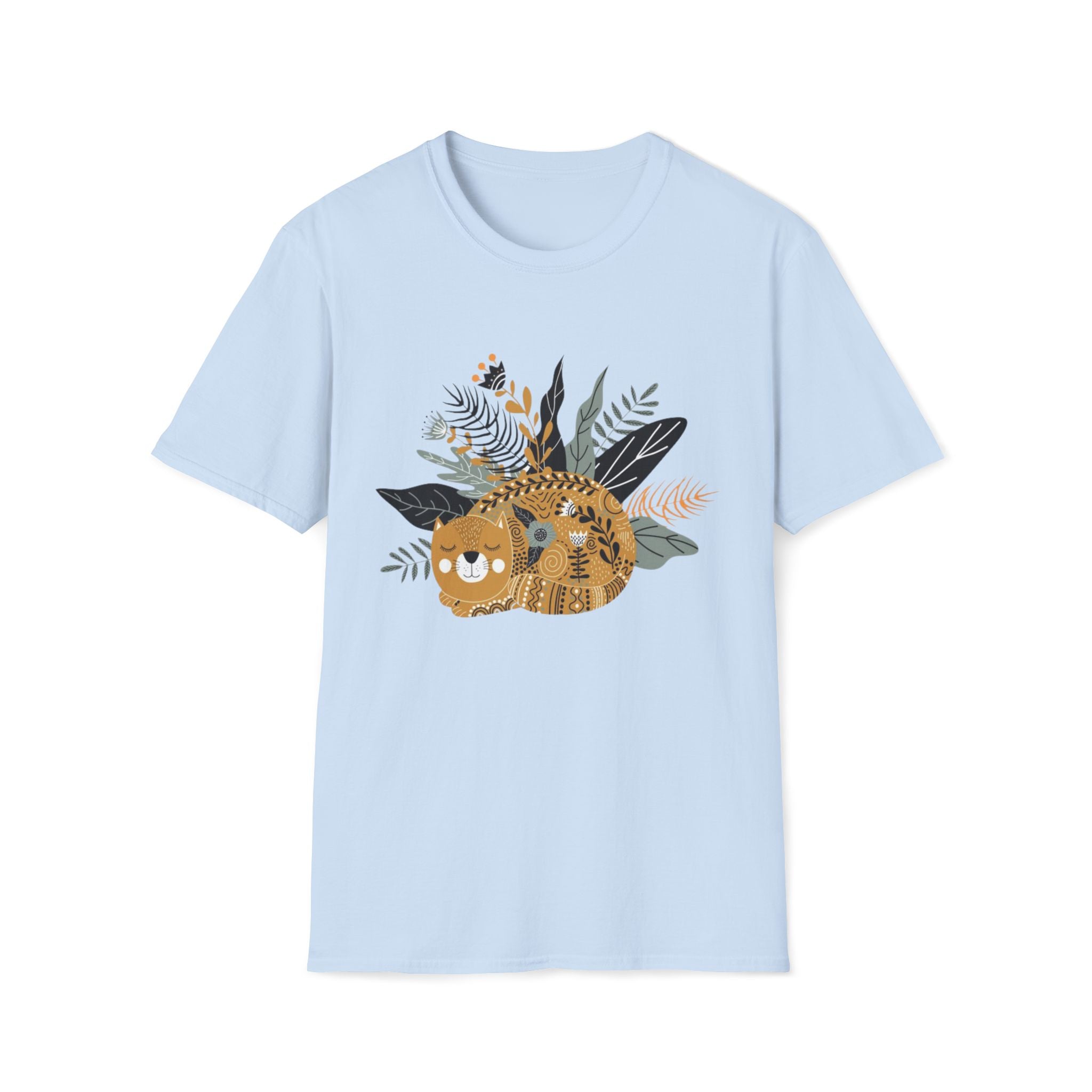 Cat Floral Tee — Cozy Patterned Cat with Botanical Leaves T-Shirt