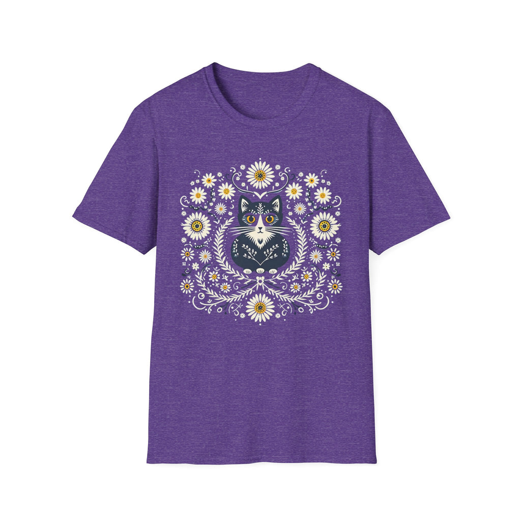 Cat Floral T-Shirt — Folk Art Kitty with Daisies