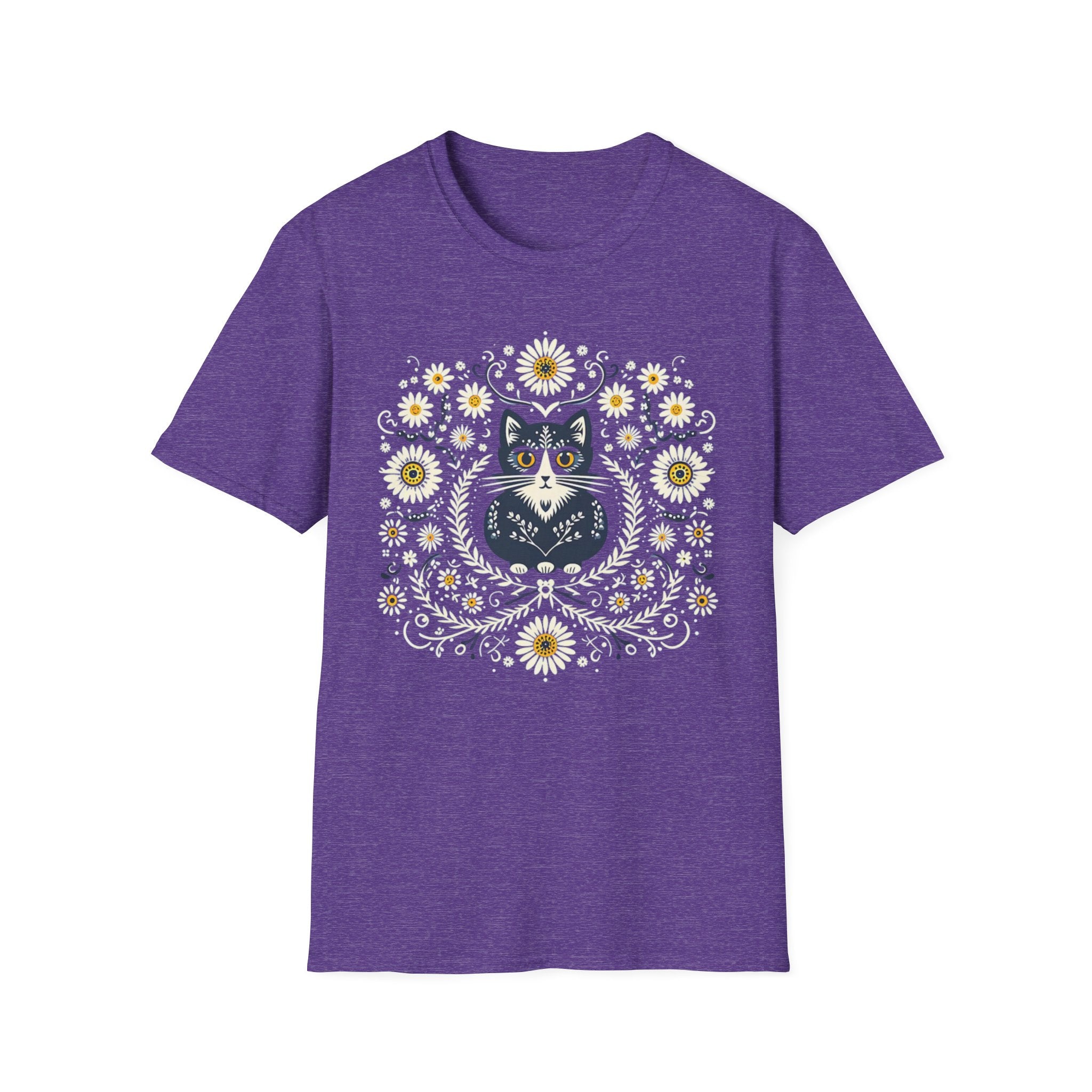 Cat Floral T-Shirt — Folk Art Kitty with Daisies
