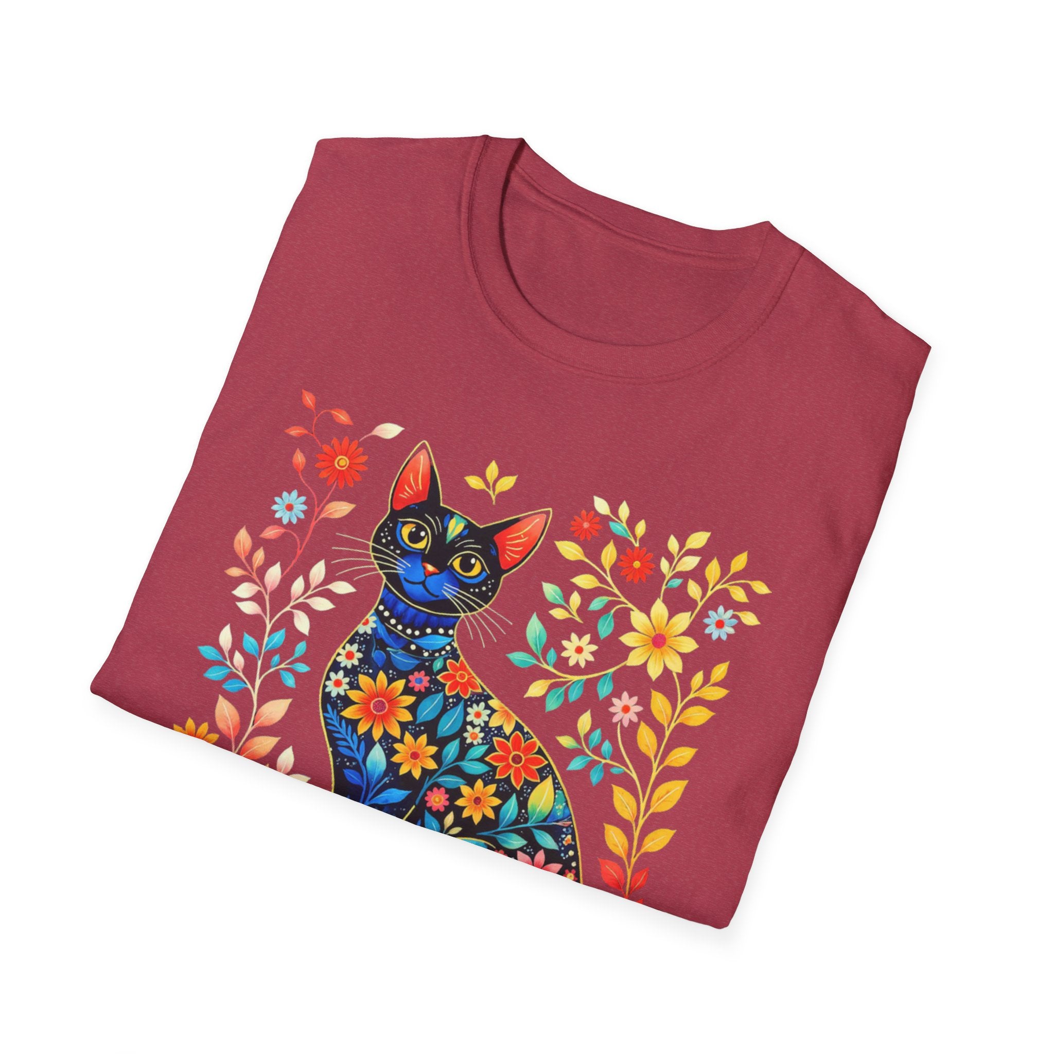 Floral Folk Art Cat T-Shirt — Colorful Boho Cat Tee