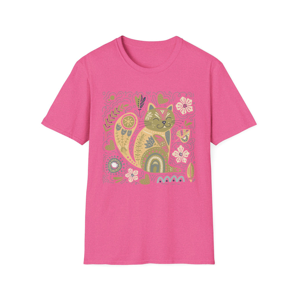 Folk Art Cat T-Shirt — Whimsical Floral Kitty Tee