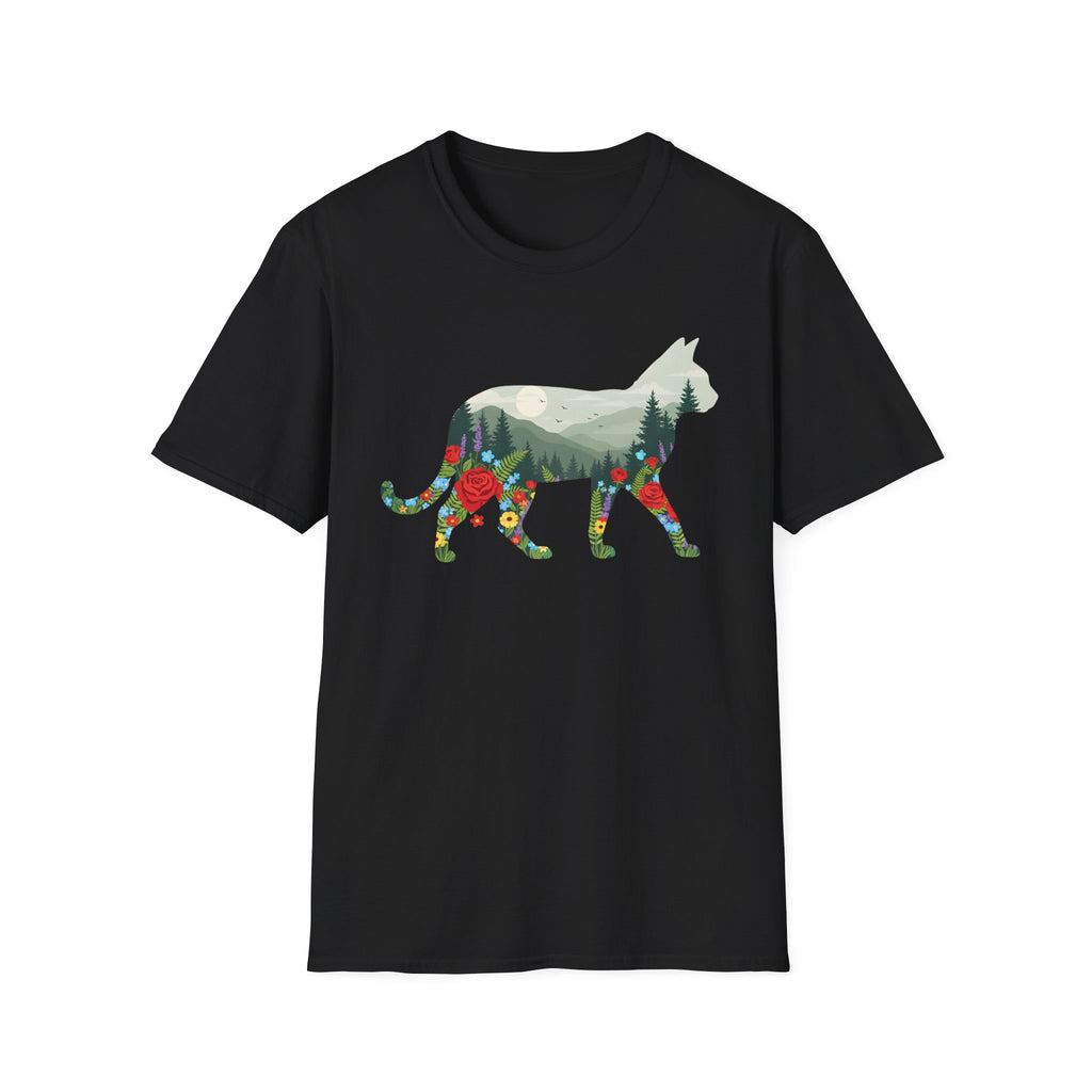 Cat Nature Silhouette T-Shirt — Floral Mountain Landscape Cat Tee