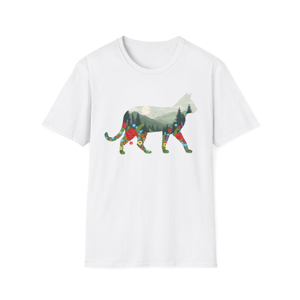 Cat Nature Silhouette T-Shirt — Floral Mountain Landscape Cat Tee