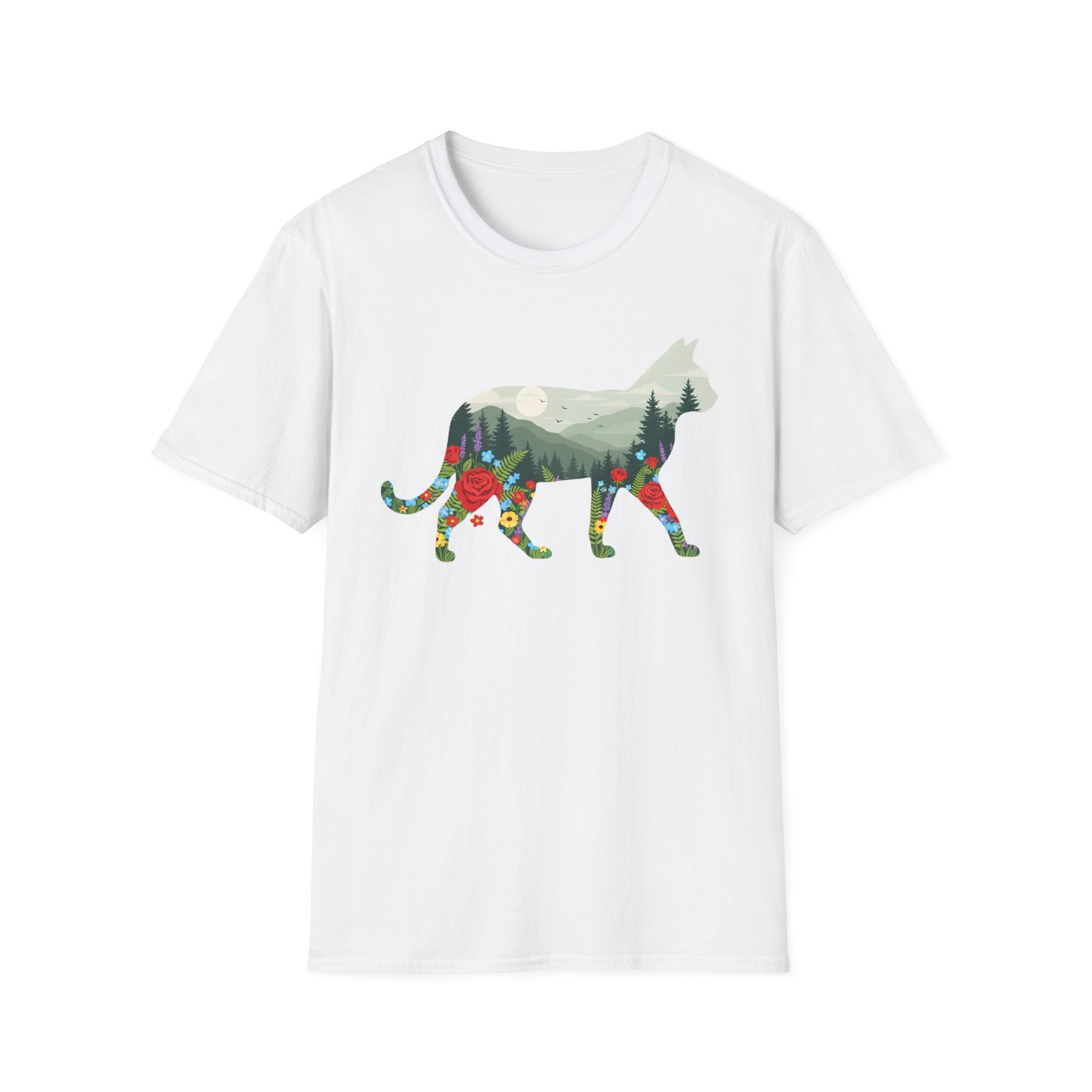Cat Nature Silhouette T-Shirt — Floral Mountain Landscape Cat Tee