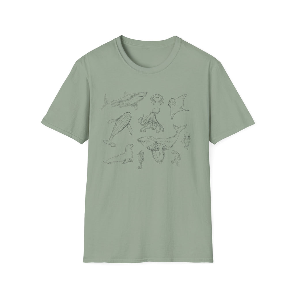 Marine Life Sketch T-Shirt — Minimal Ocean Creatures Illustration