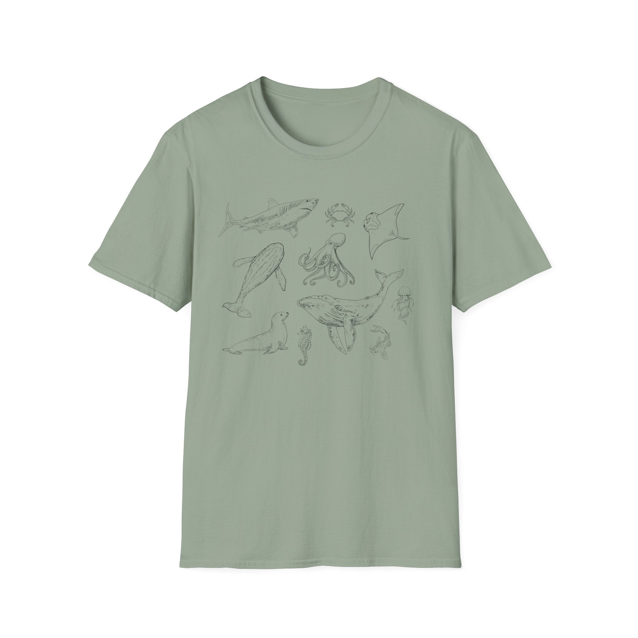 Marine Life Sketch T-Shirt — Minimal Ocean Creatures Illustration