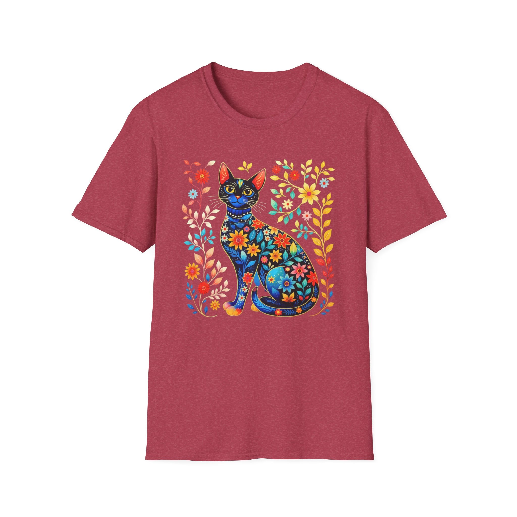 Floral Folk Art Cat T-Shirt — Colorful Boho Cat Tee