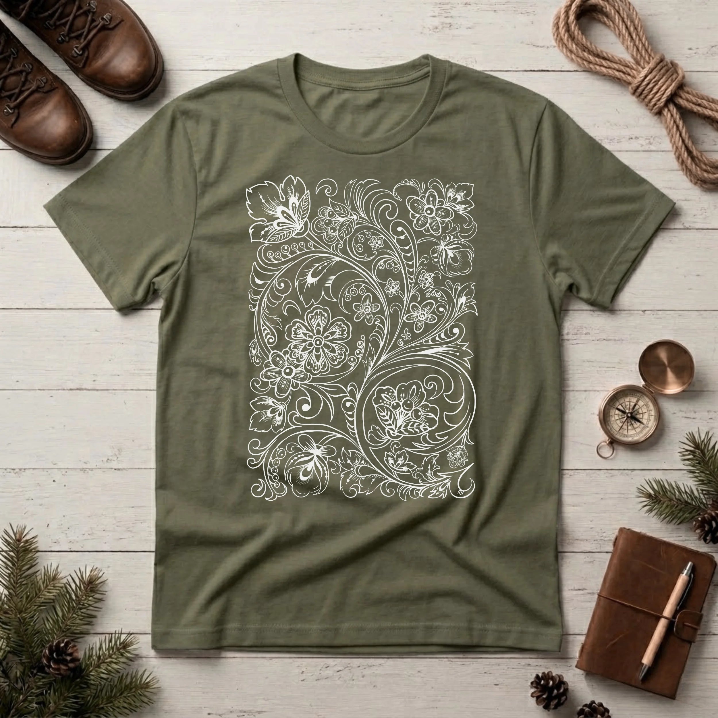Floral Vine Filigree T-Shirt — Elegant Monochrome Botanical Tee