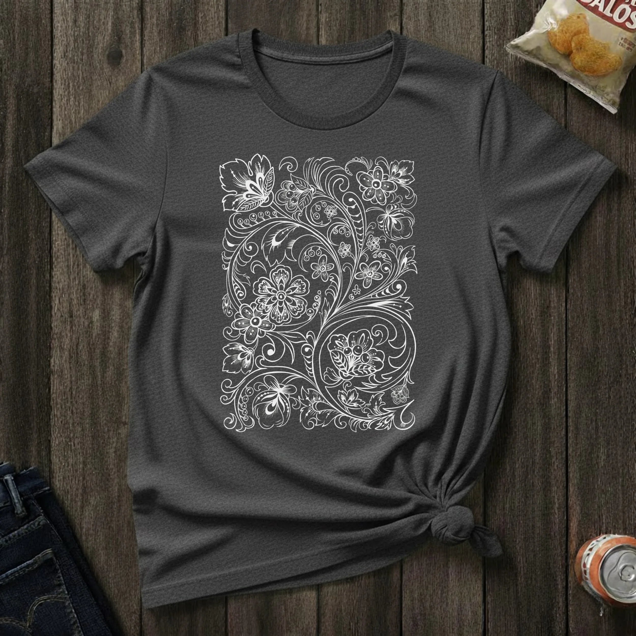 Floral Vine Filigree T-Shirt — Elegant Monochrome Botanical Tee