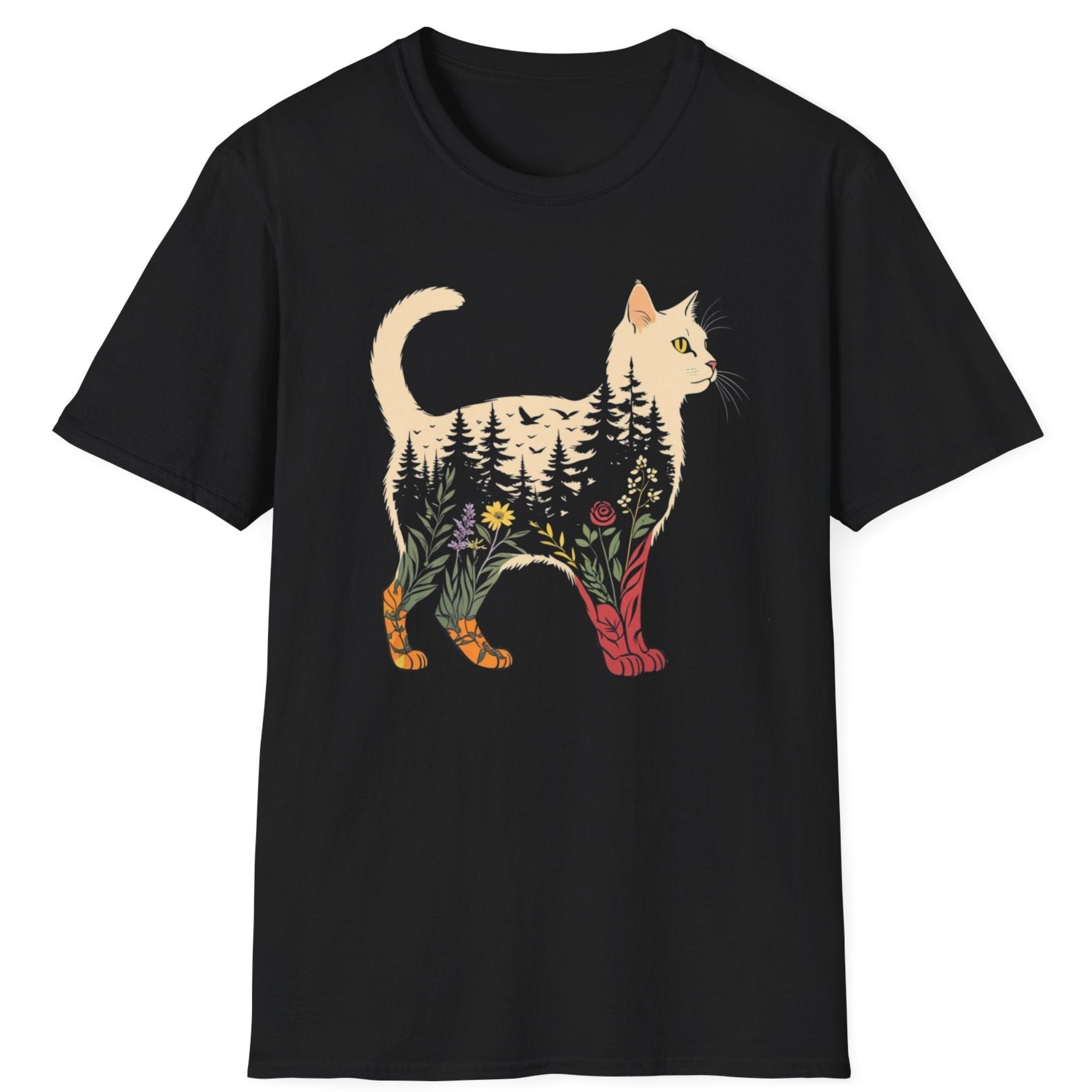 Black t-shirt with a cat design featuring nature elements on a white background