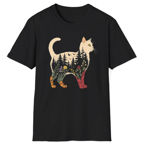 Black t-shirt with a cat design featuring nature elements on a white background