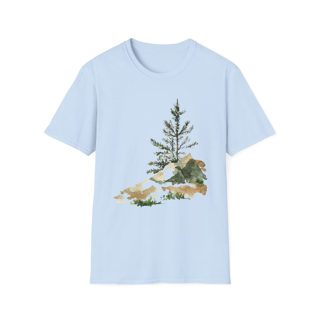 Nature Mountain T-Shirt — Watercolor Pine Tree Landscape