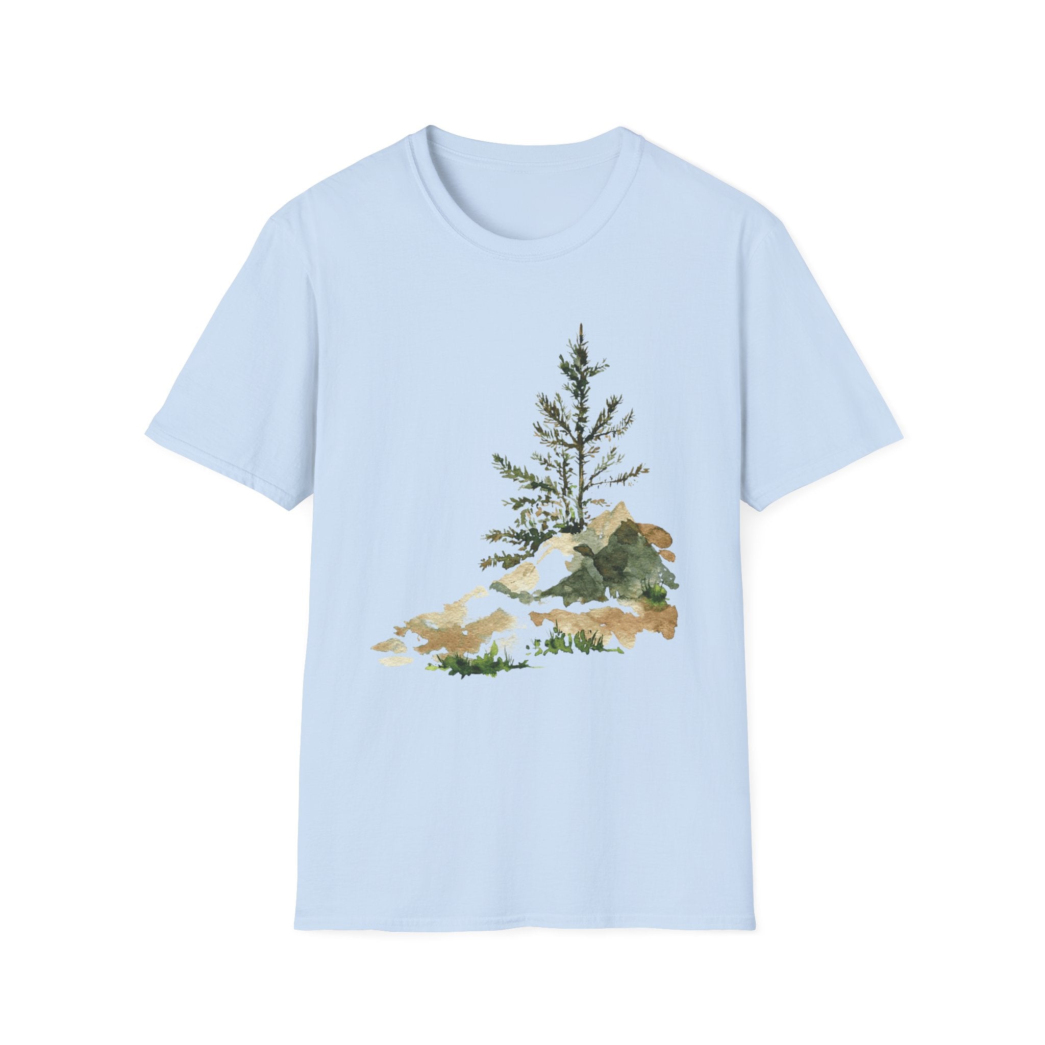 Nature Mountain T-Shirt — Watercolor Pine Tree Landscape