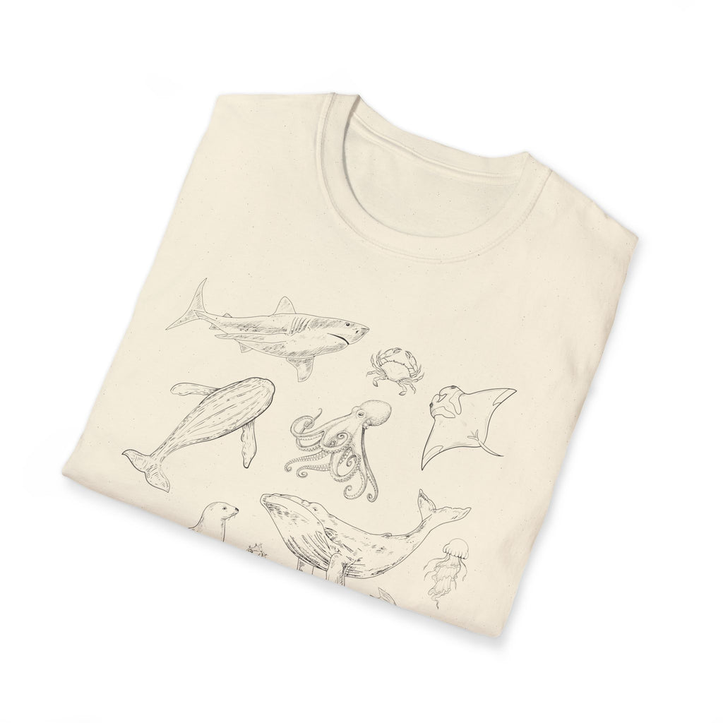 Marine Life Sketch T-Shirt — Minimal Ocean Creatures Illustration