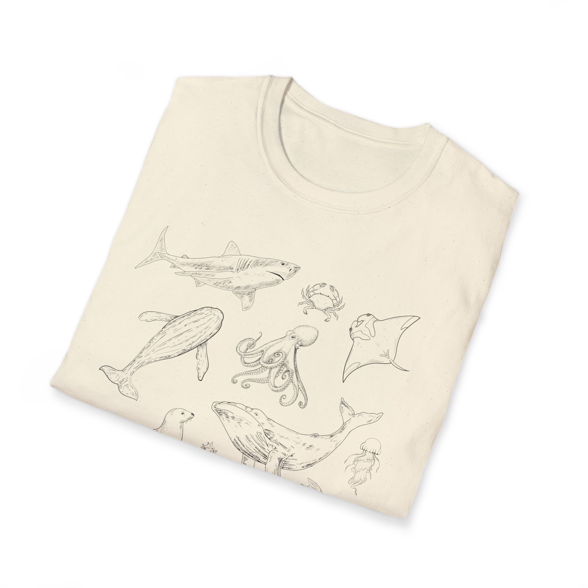 Marine Life Sketch T-Shirt — Minimal Ocean Creatures Illustration