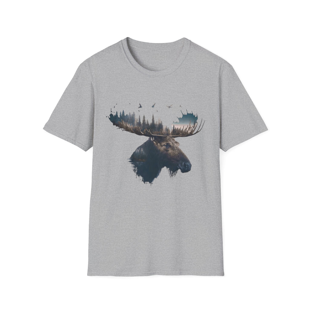 Moose Silhouette T-Shirt — Forest Double-Exposure Wildlife Tee