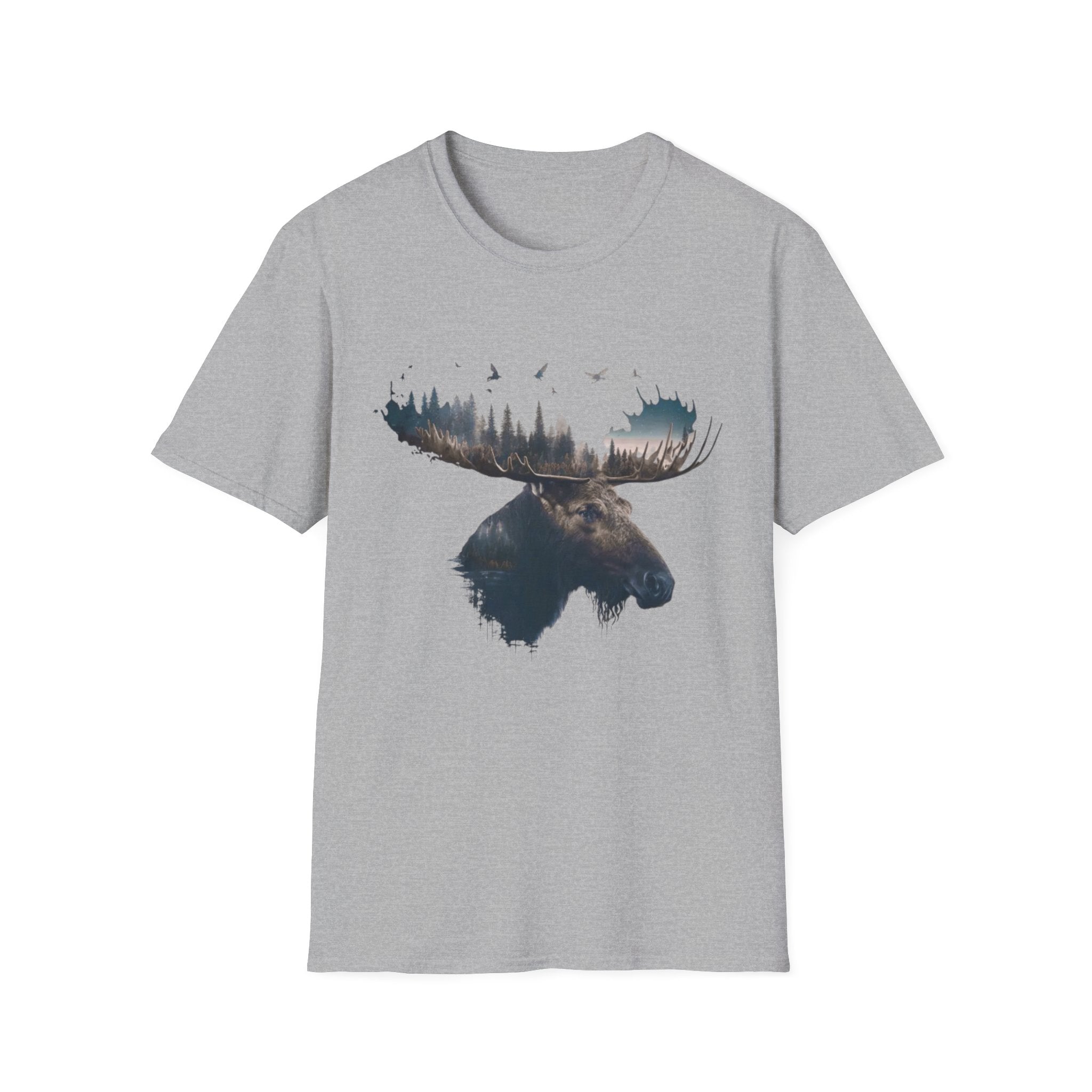 Moose Silhouette T-Shirt — Forest Double-Exposure Wildlife Tee