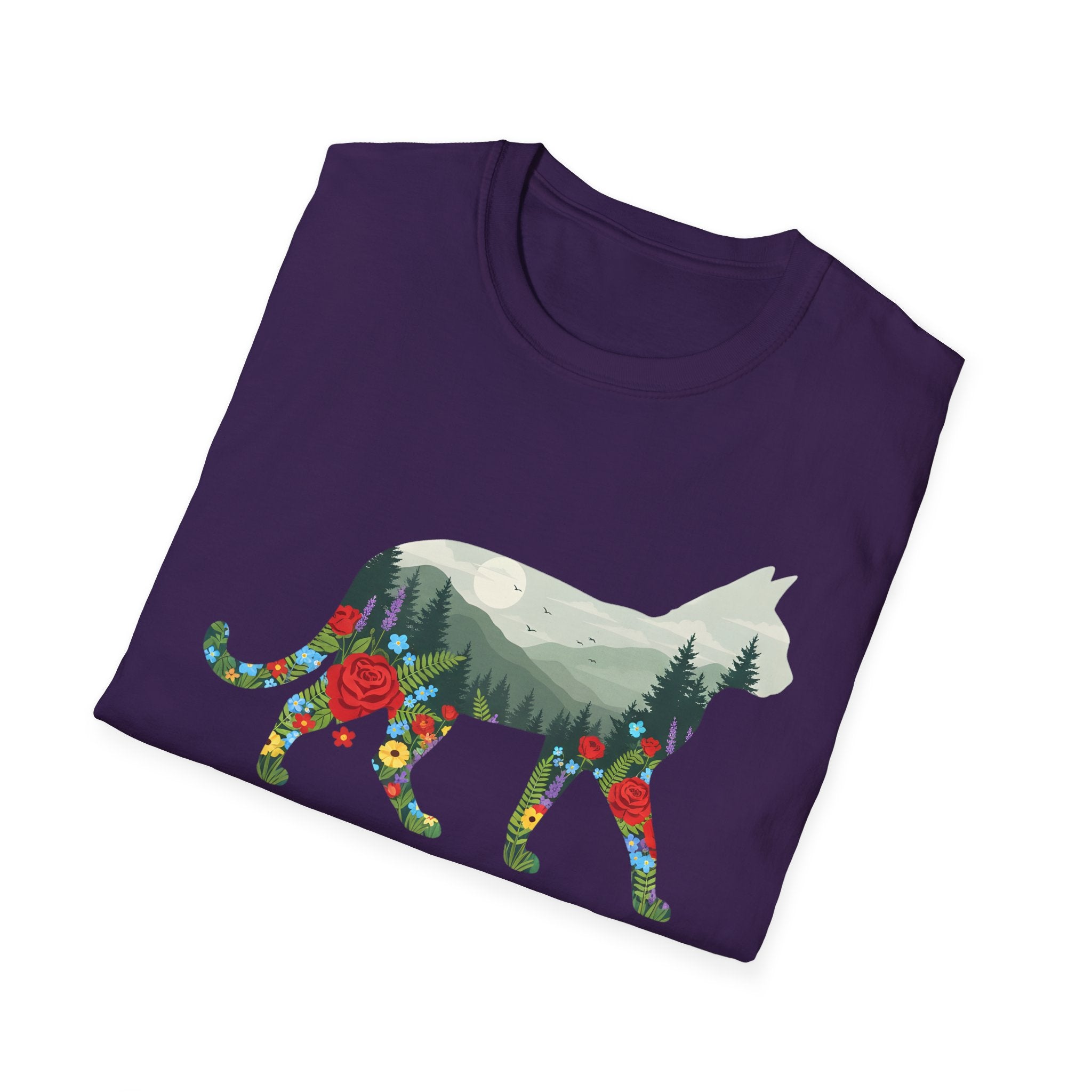 Cat Nature Silhouette T-Shirt — Floral Mountain Landscape Cat Tee