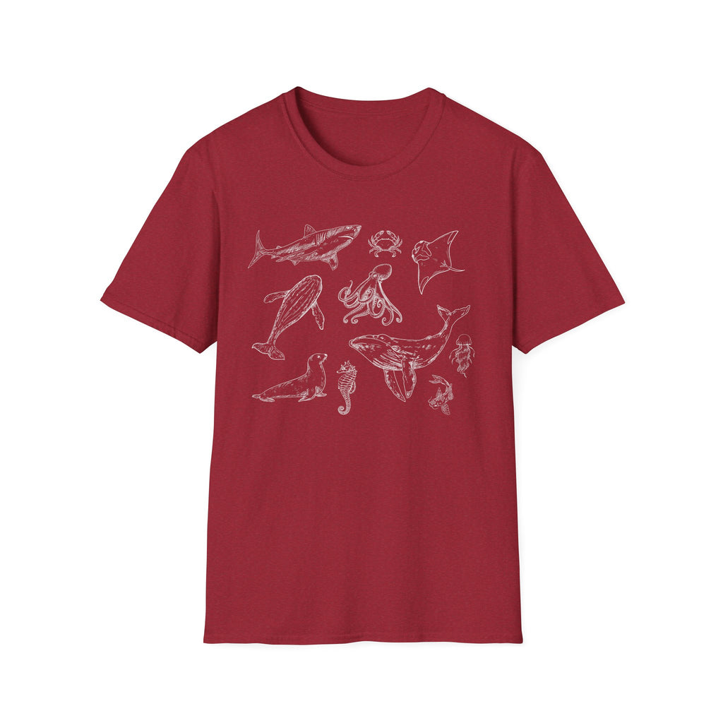 Marine Life Sketch T-Shirt — Minimal Ocean Creatures Illustration