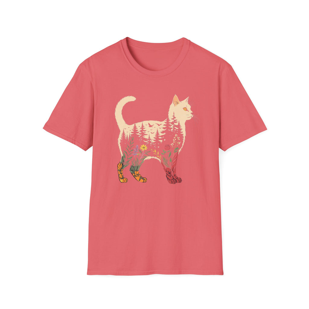 Cat Silhouette Nature T-Shirt — Forest, Flowers & Rainbow Graphic