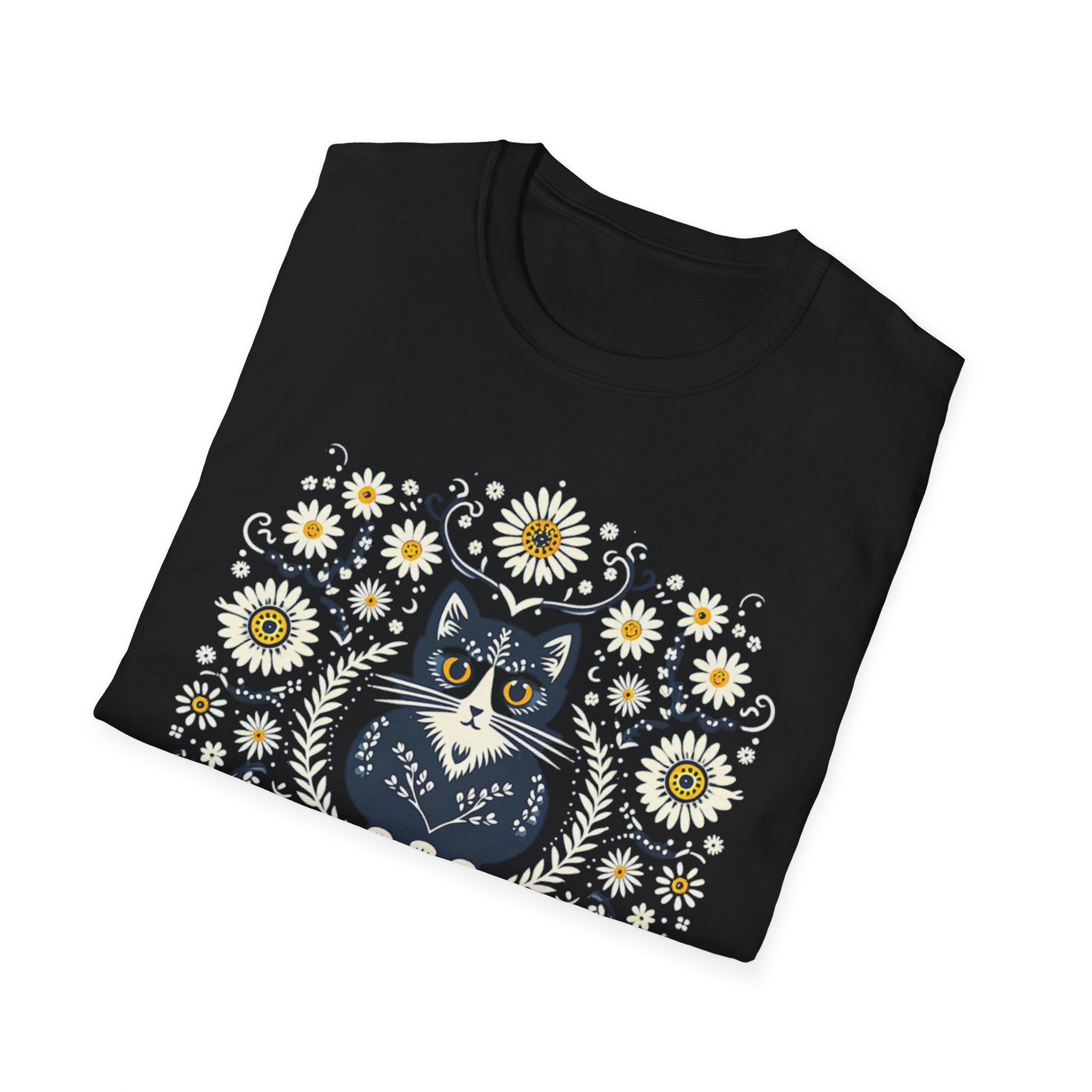 Cat Floral T-Shirt — Folk Art Kitty with Daisies