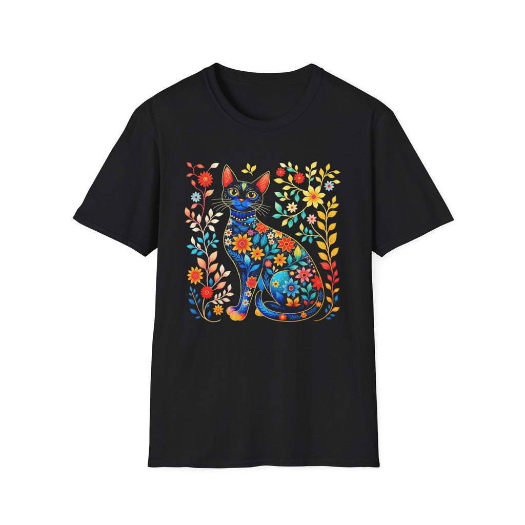 Floral Folk Art Cat T-Shirt — Colorful Boho Cat Tee