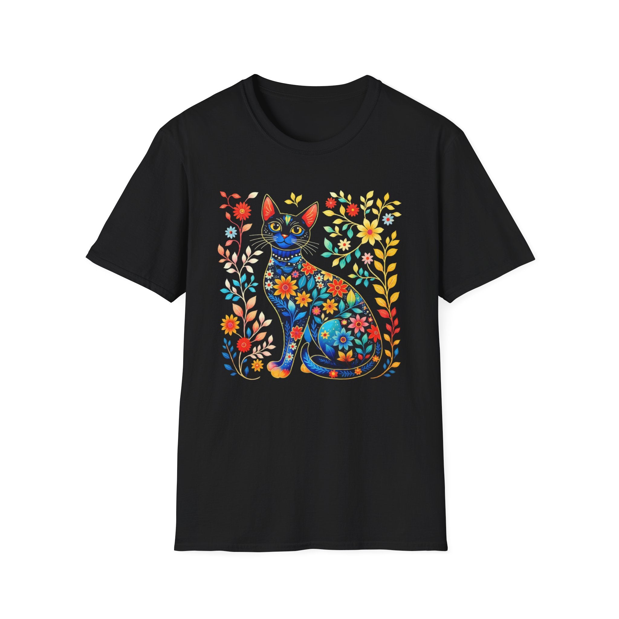 Floral Folk Art Cat T-Shirt — Colorful Boho Cat Tee