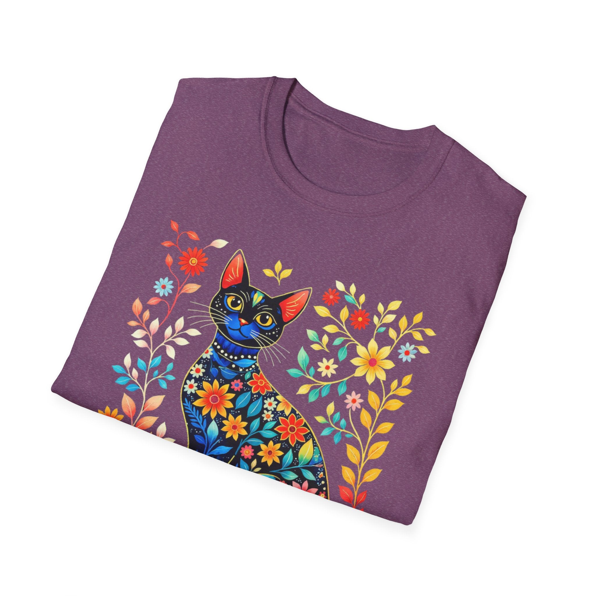 Floral Folk Art Cat T-Shirt — Colorful Boho Cat Tee