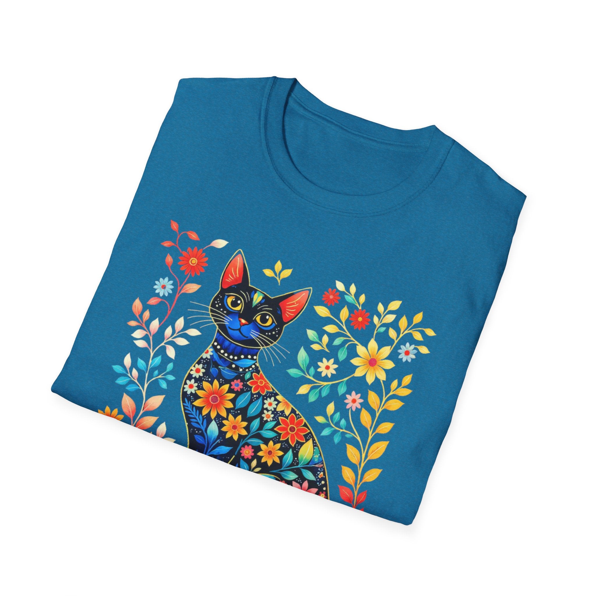Floral Folk Art Cat T-Shirt — Colorful Boho Cat Tee