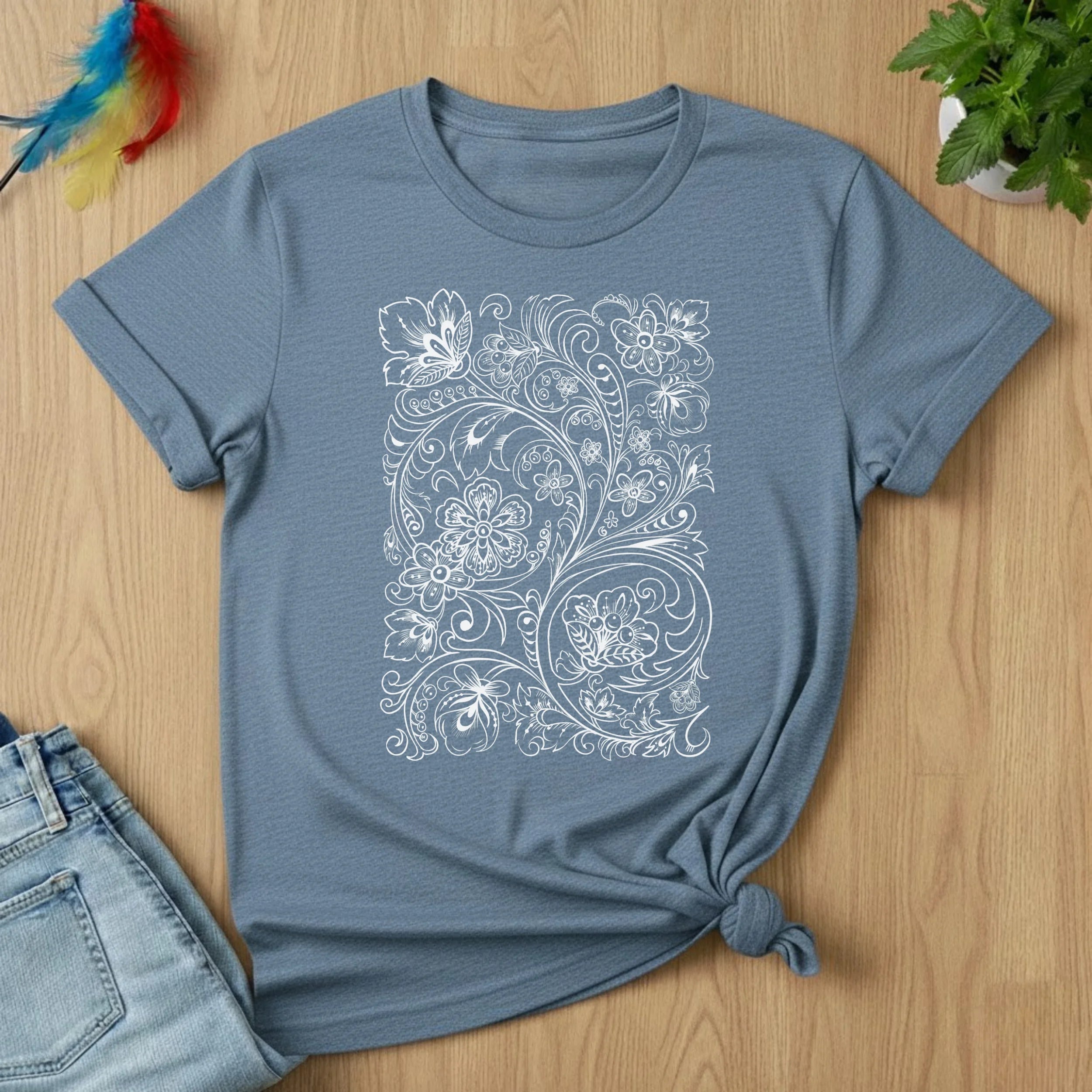 Floral Vine Filigree T-Shirt — Elegant Monochrome Botanical Tee