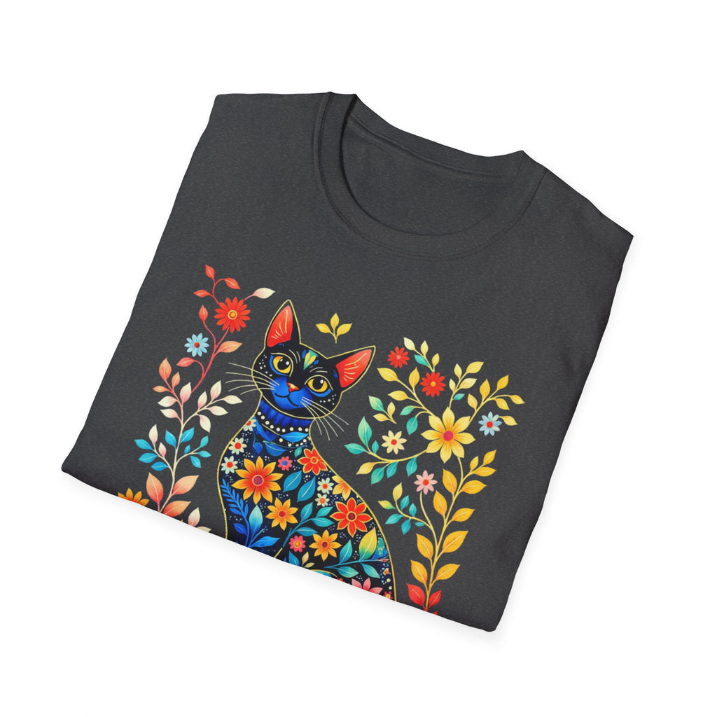 Floral Folk Art Cat T-Shirt — Colorful Boho Cat Tee