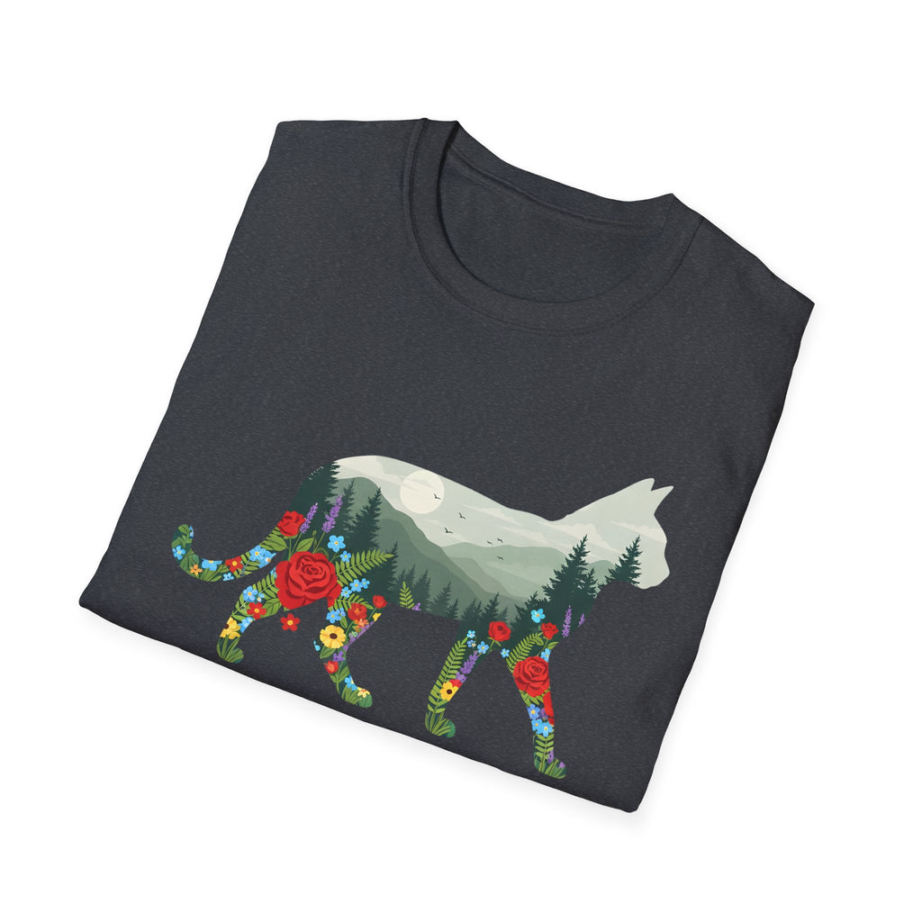 Cat Nature Silhouette T-Shirt — Floral Mountain Landscape Cat Tee