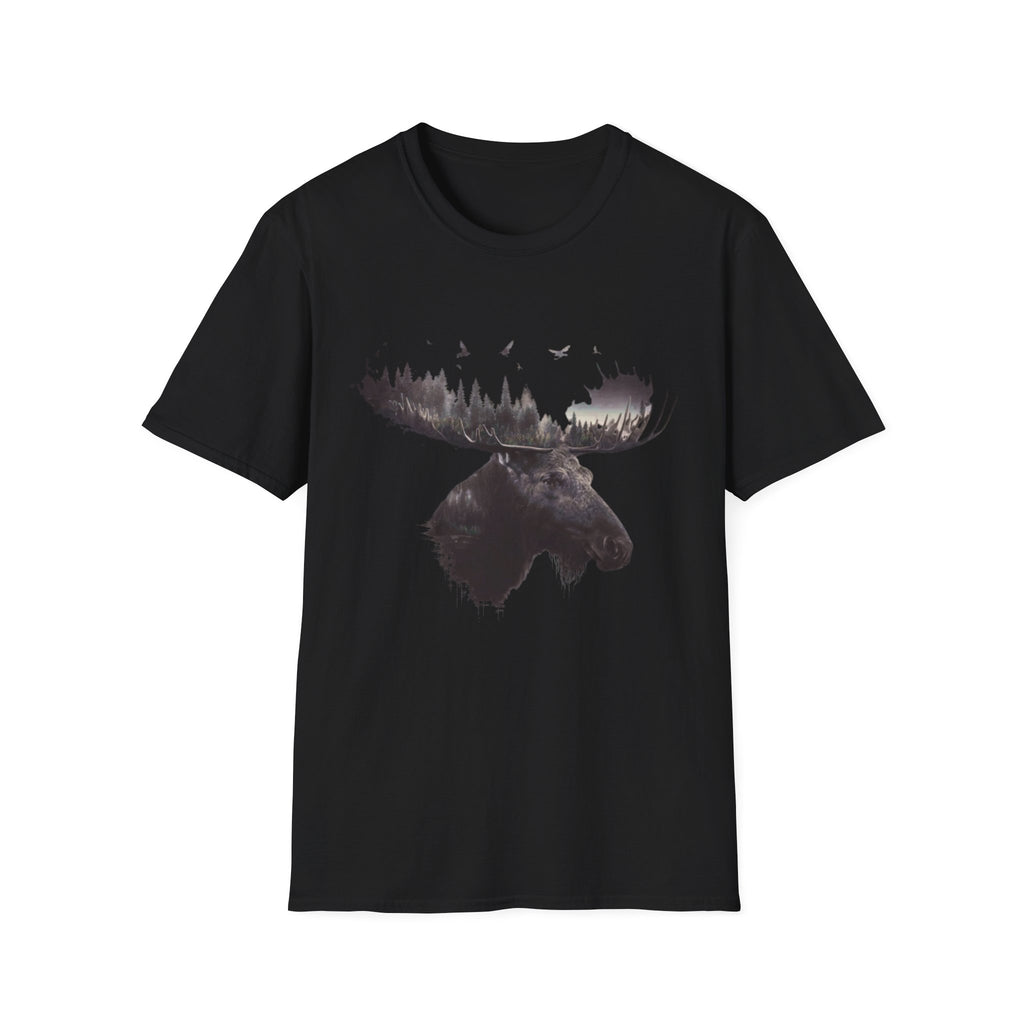 Moose Silhouette T-Shirt — Forest Double-Exposure Wildlife Tee